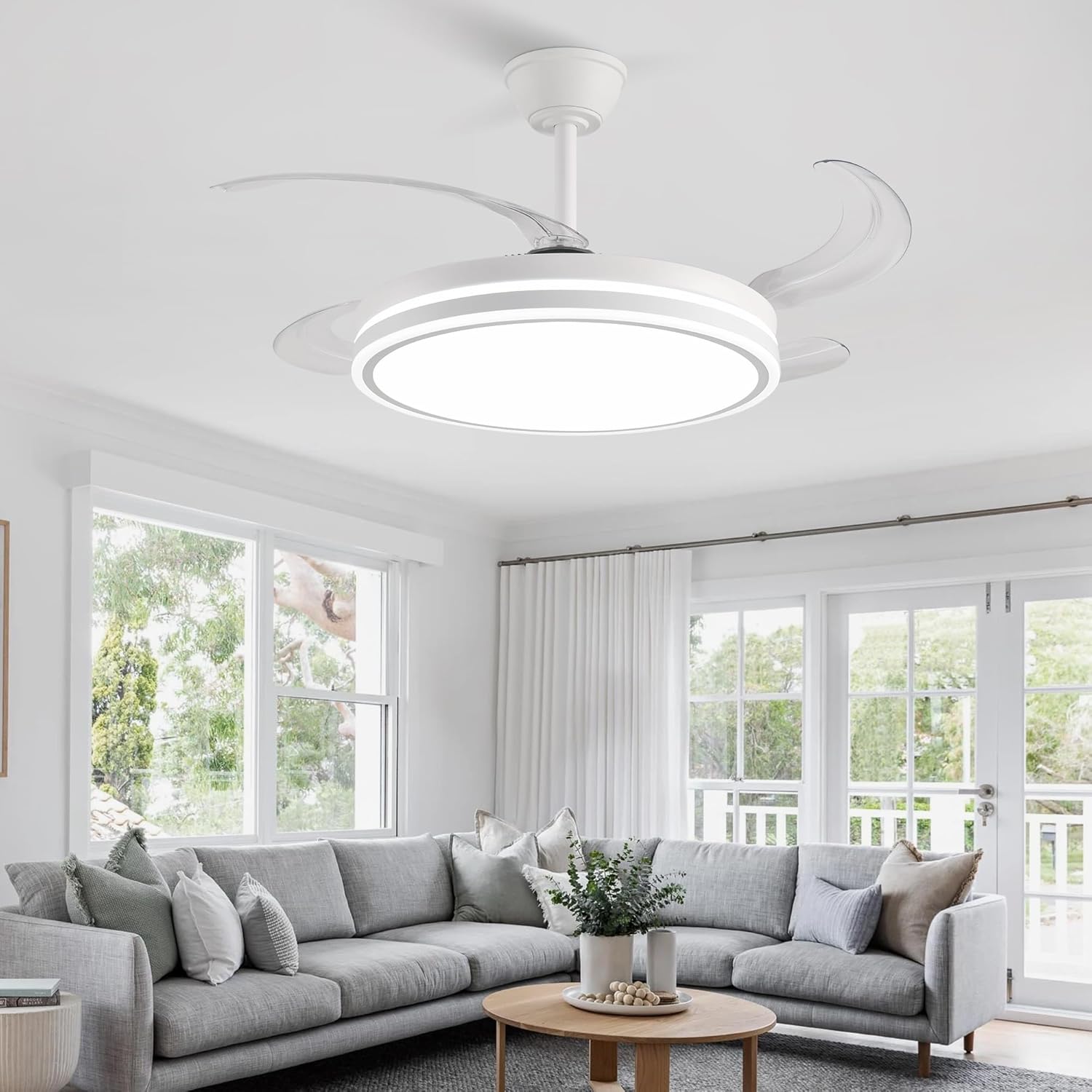 Retractable Ceiling Fans with Lights and Remote, 42 Inch White Chandelier LED Fan, 20W Energy Saving,Memory Function,Timer Setting,Ultra Quiet Invisible Blades Fan for Kitchen, Bedroom