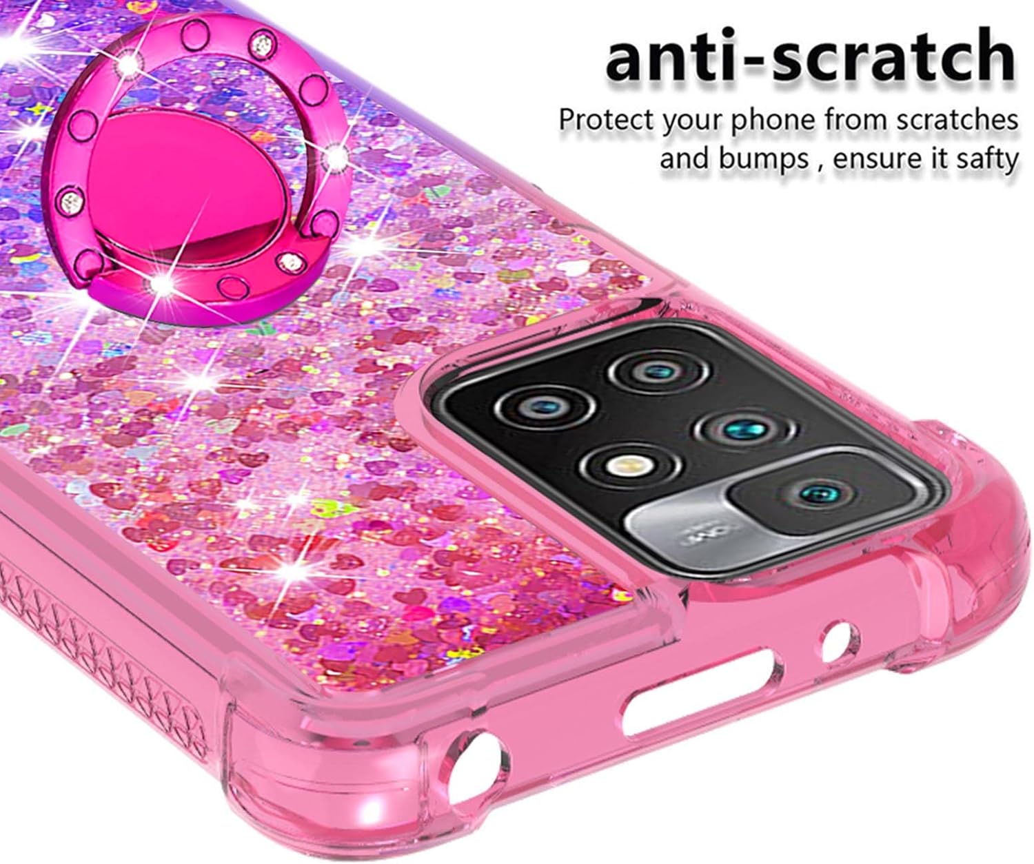 CCSmall Case for Xiaomi Redmi 10 with Magnetic Ring Kickstand, Gradient Quicksand Glitter Flowing Liquid Floating Women Girls Cute Phone Case Clear TPU Cover for Xiaomi Redmi 10 JB Pink Mauve - Image 4