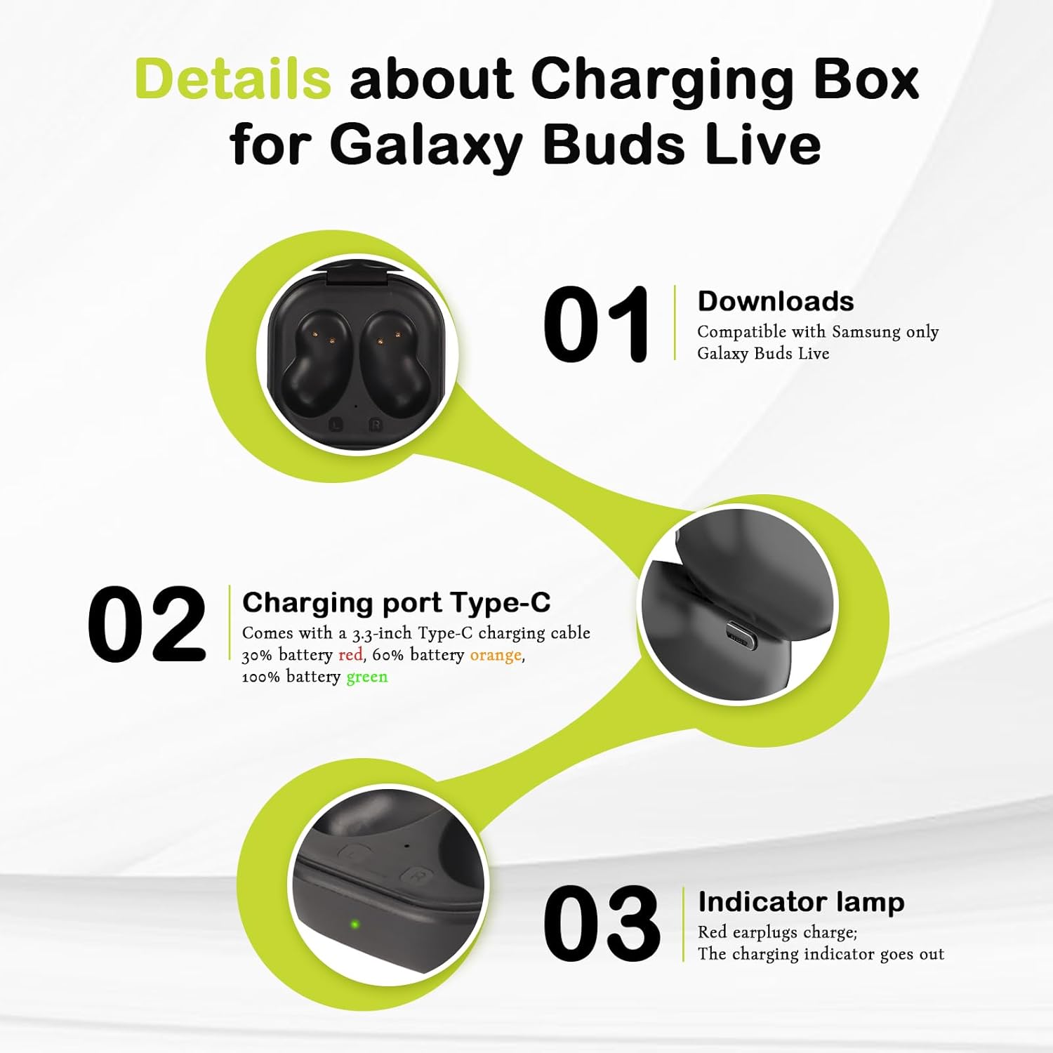 Earbuds Charging Case Replacement for Samsung Galaxy Buds Live R180, Build in 600 MAh Large Battery, with Charging and LED Indicator, Black - Image 7