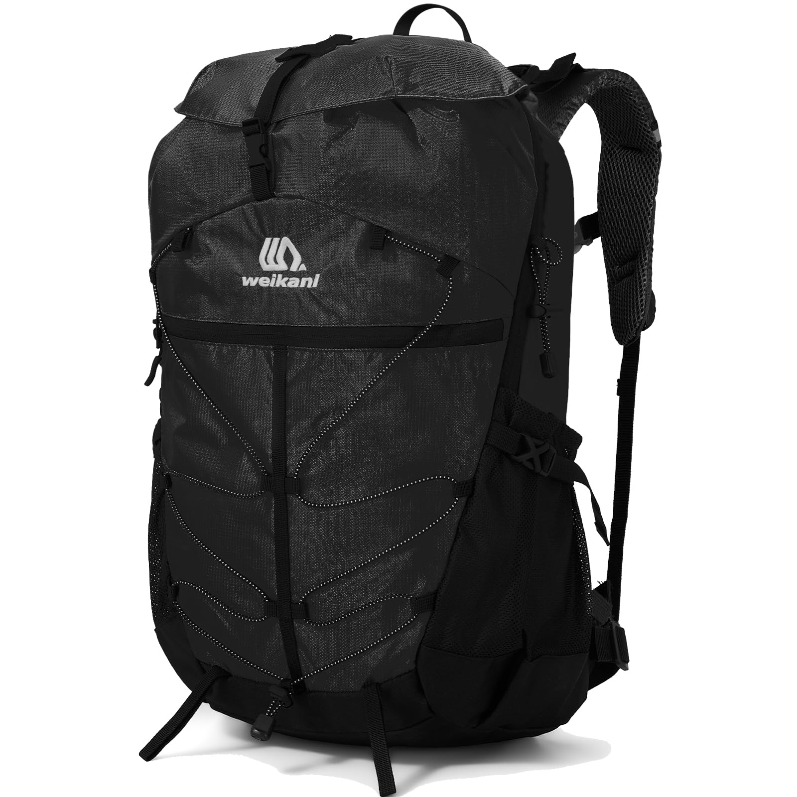 Outplea 35L Hiking Backpack Top Opening, Reflective Travel Daypack Men Women, Lightweight Outdoor Rucksack for Camping Walking Mountaining Sporting, Black