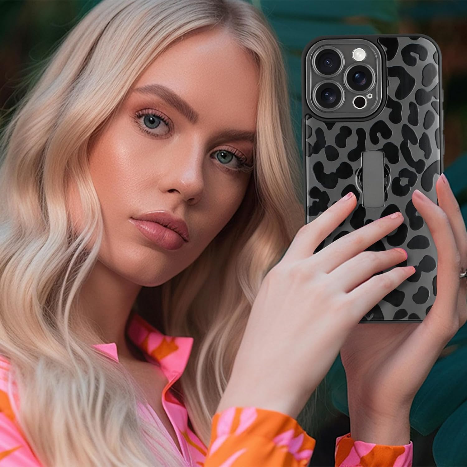 Compatible with iPhone 15 Pro Case with Finger Hand Strap Kickstand, Trendy Cool Leopard Cheetah Print Phone Case for Women Men, Full Camera Protection Shockproof Protective Cover, Black - Image 6