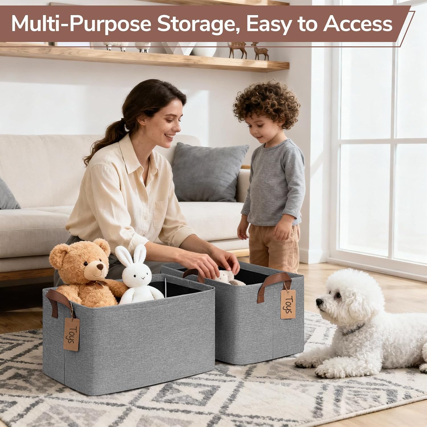 CHICVITA 4 Pack Large Storage Baskets for Shelves, Foldable Storage Bins for Clothes Towels Organization, Toy Organizer Bins for Nursery, Living Room, 16.8" x 11" x 9.8", Gray - Image 4