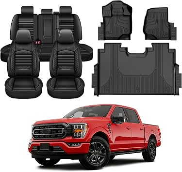 IKABEVEM Floor Mats & Seat Covers Fit for 2015-2026 Ford F150 / F-150 Lightning SuperCrew Cab Only Fit Without Rear Under-Seat Fold Flat Storage