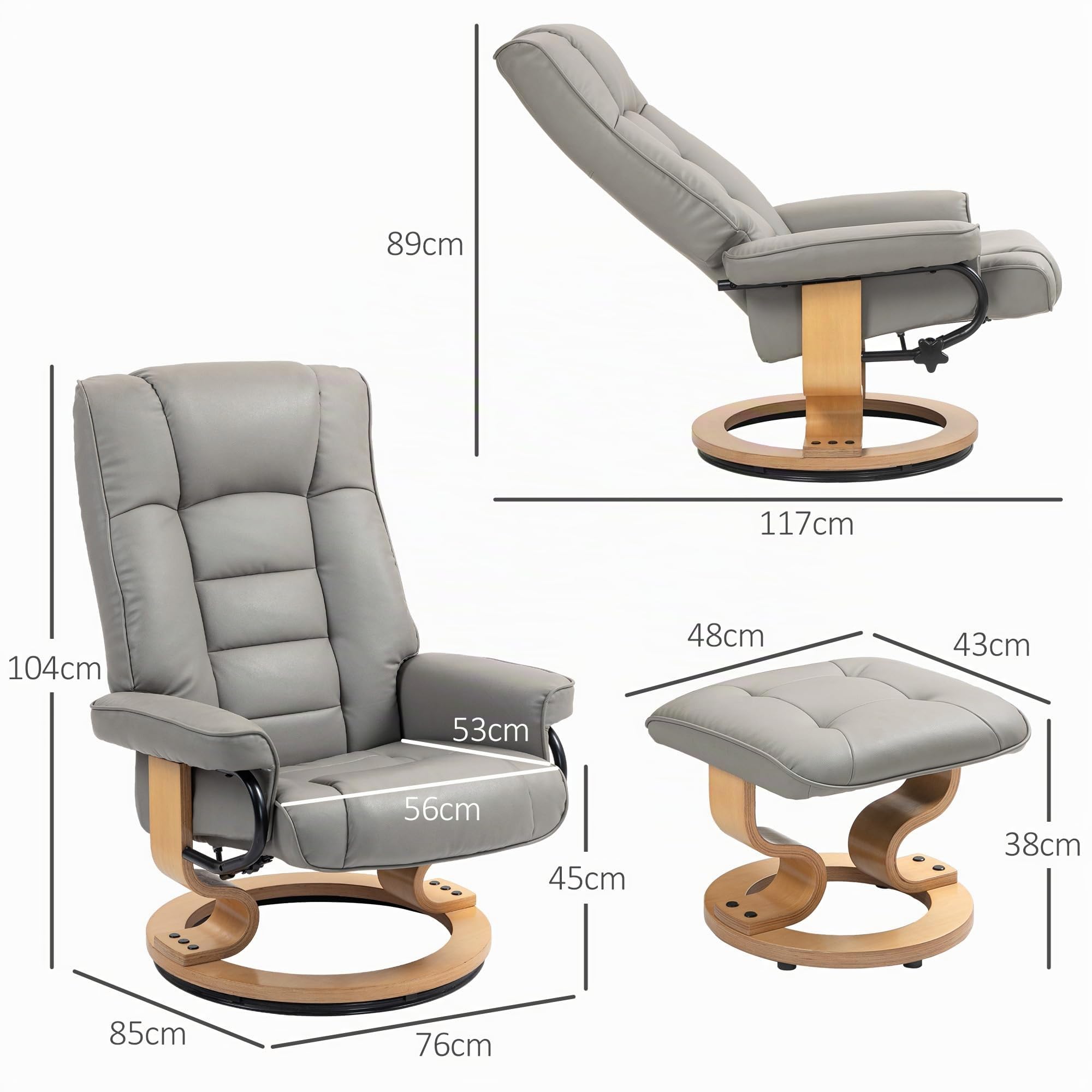 HOMCOM Sillón reclinable con otomana 360° Giratorio, Gris | Respaldo alto, estructura de madera, sillón de TV, reclinable, cuero sintético, para salón