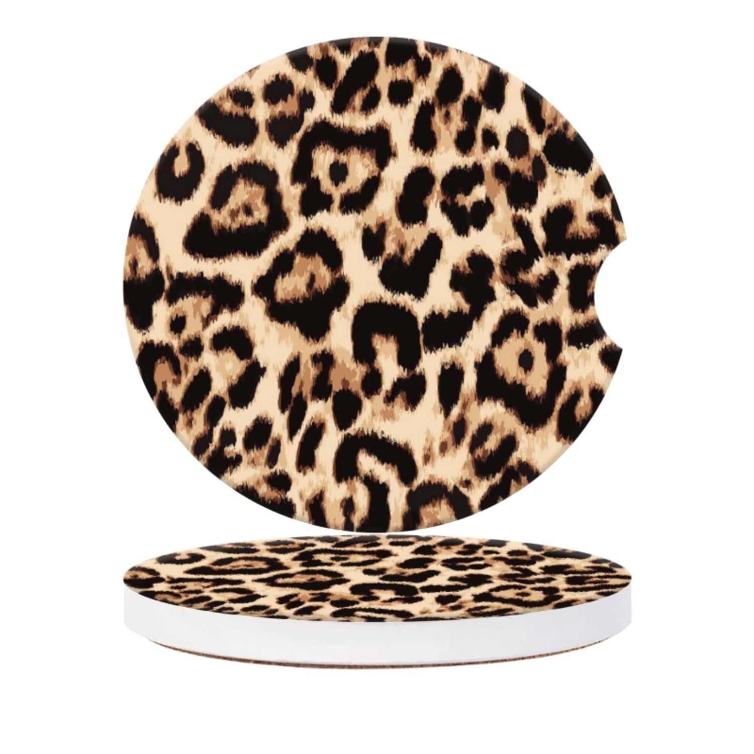 Car Cup Coasters for Cup Holders-Leopard Print Fabric with Black Background,Ceramic Cup Coasters with Finger Notch & Cork Base - Anti-Slip Car Interior Accessories for Women Men Pack of 2, 2.56In
