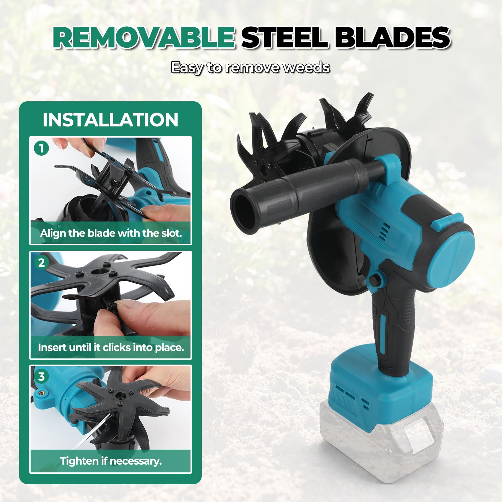 Coltivatore portatile senza fili compatibile con batteria MK 18V | Mini motozappa elettrica da giardino con profondità di 10 cm e larghezza di lavoro di 10 cm per la coltivazione del terreno