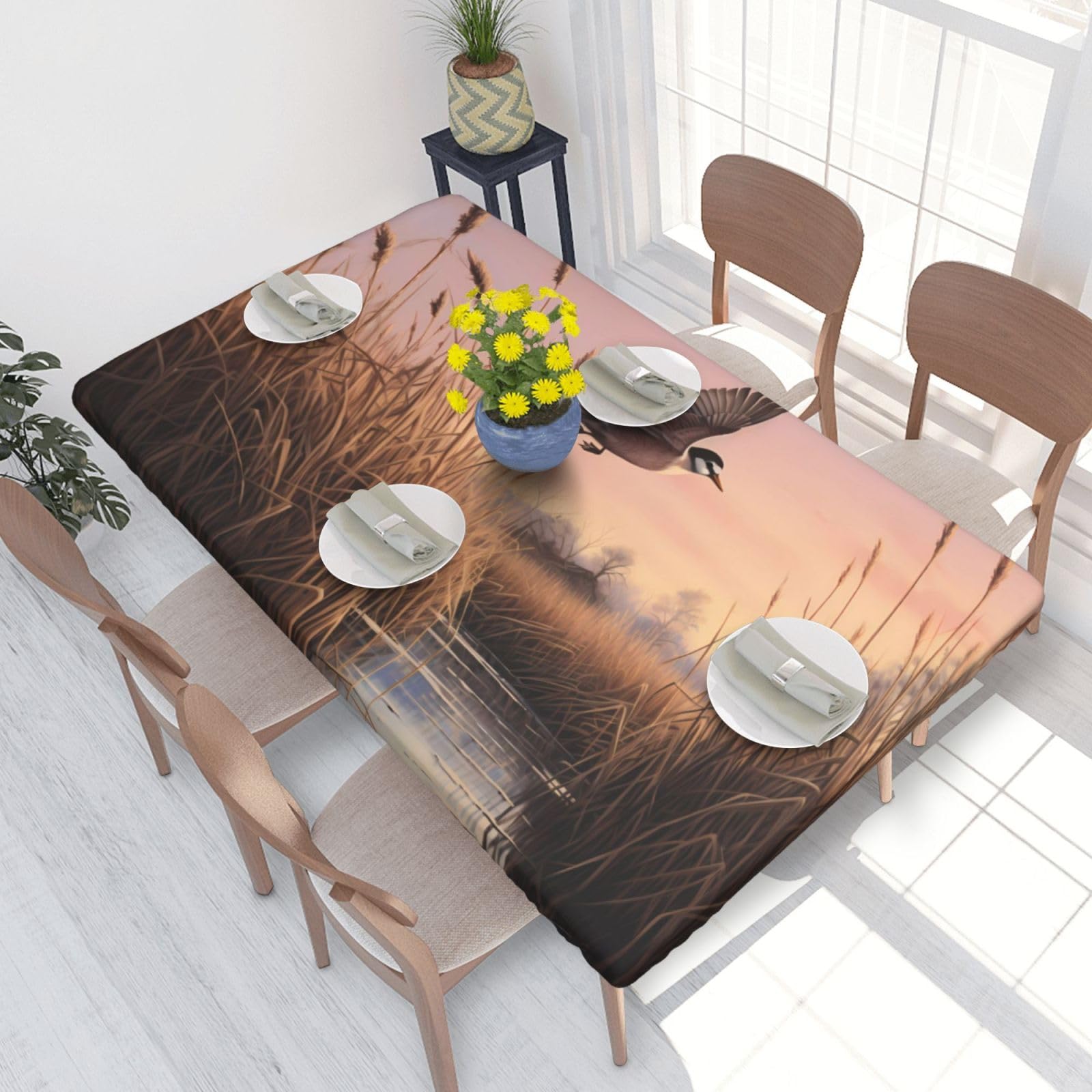 Hunting Flying Wild Ducks Waterproof Square Table Cover Elastic Fitted Tablecloth Oil Proof Table Protector For 4ft Table