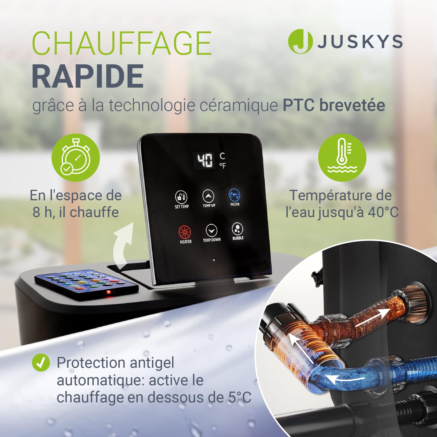 JUSKYS® Bain bouillonnant SpaLuxe – Structure extérieure, 130 Buses, Puissance Totale 3000 W, éclairage LED Gris/Bleu