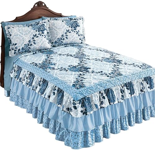 Collections Etc Colcha con volantes y escalonados con estampado de medallón floral de rosa azul marino para cama matrimonial 110 x 94 pulgadas