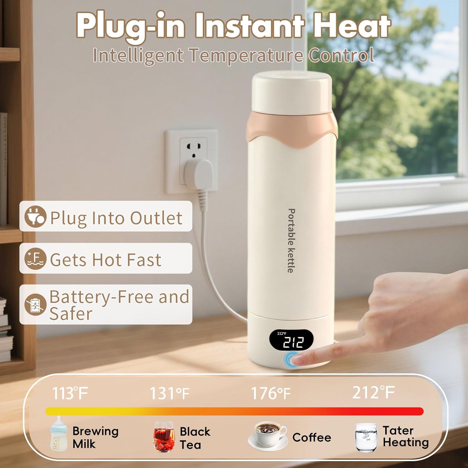 Vacuum-Insulated Electric Kettle, 304 Stainless Steel Inner Portable Water Boiler for Hotel, Office, Dormitory - 4 Adjustable Temperature and Automatic Shut-off with Kettle Bag