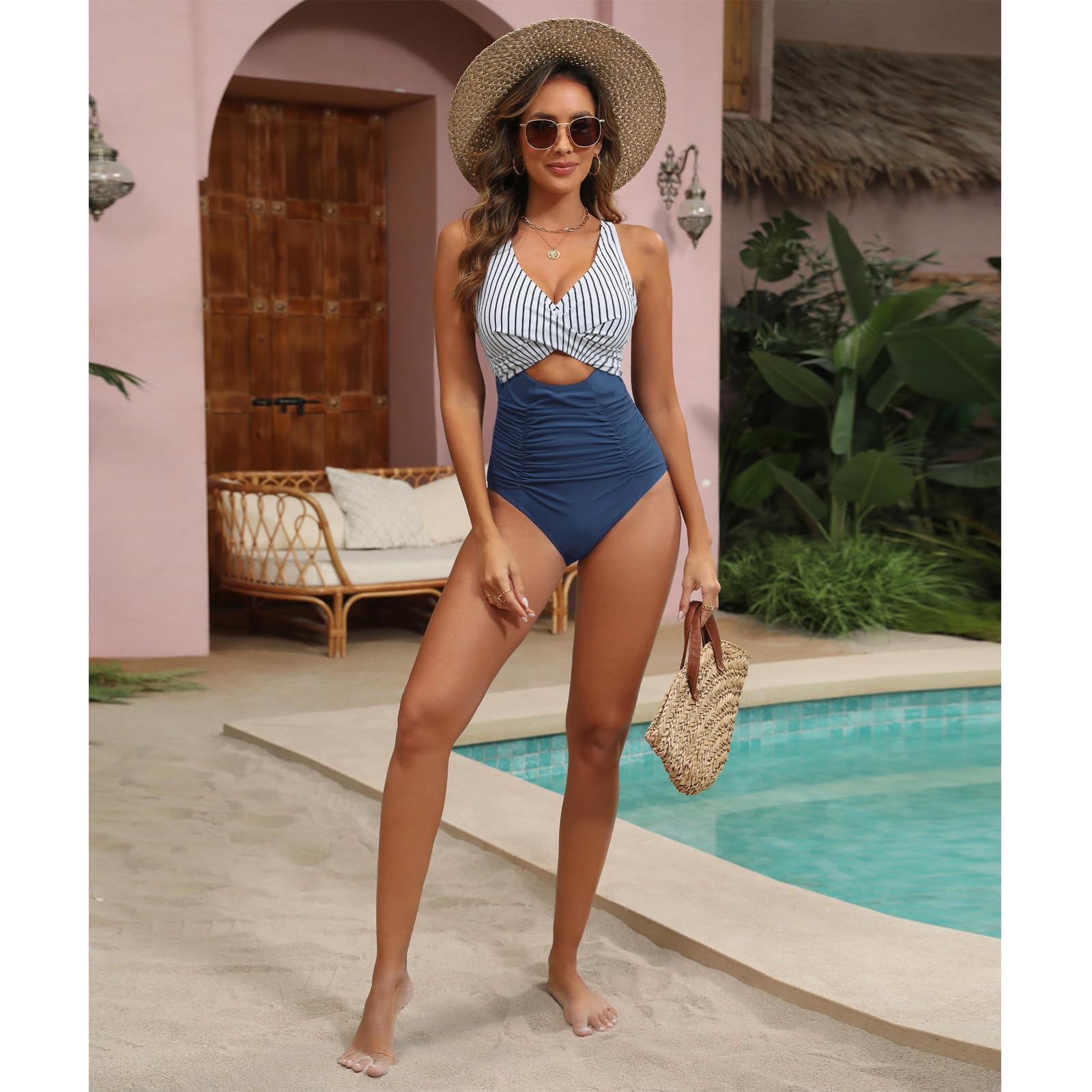 TcIFE Maillot de Bain 1 Pièce Bikini Femme | Monokini Col en V, Wrap Dos Nu Croisé, Froncé Devant, Haut Taille, Gainant Ventre Plat