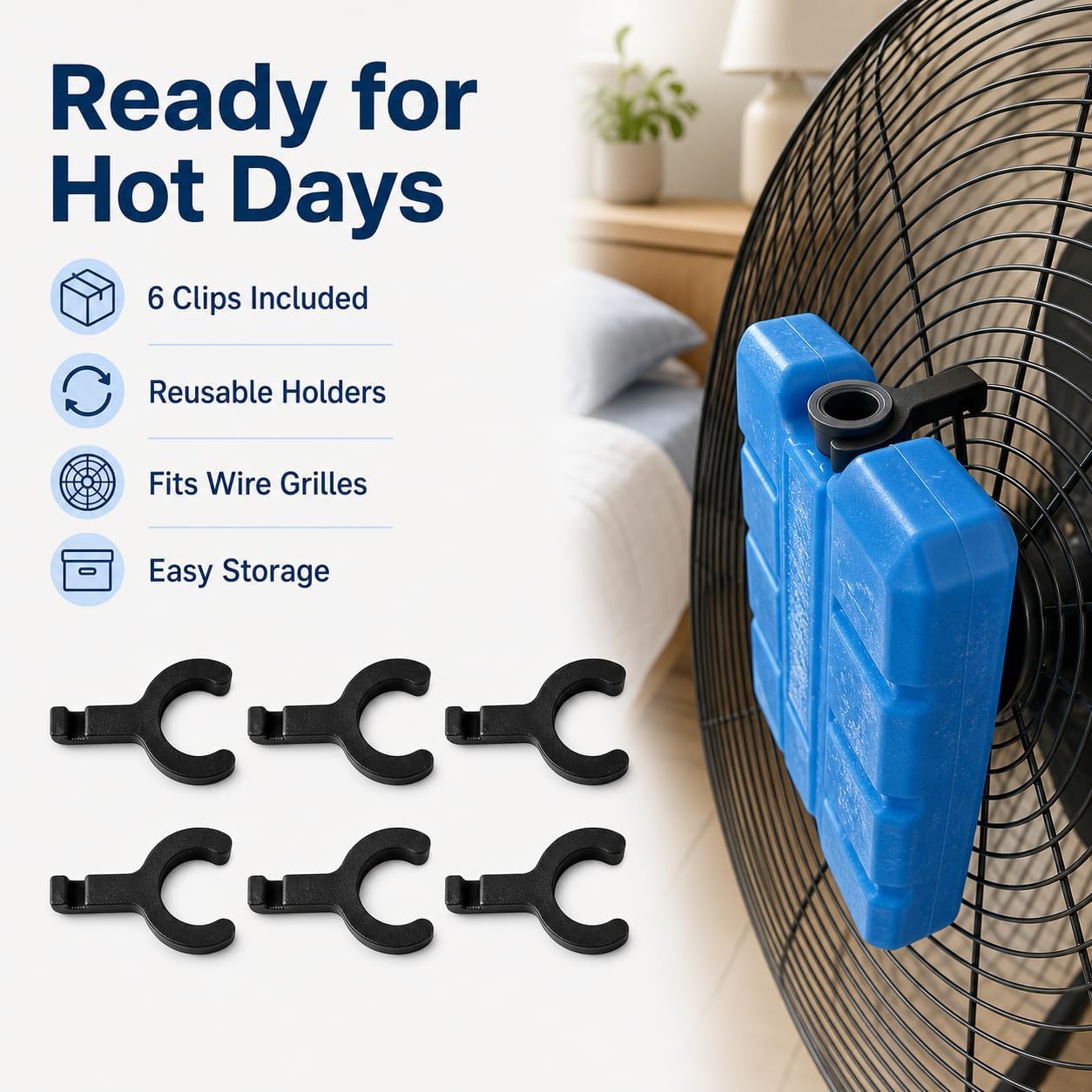 Reusable Ice Pack Clips for Fan, 6 Pcs Fan Back Ice Holder Clips, Easy to Secure, for Hot Summers Without Ac
