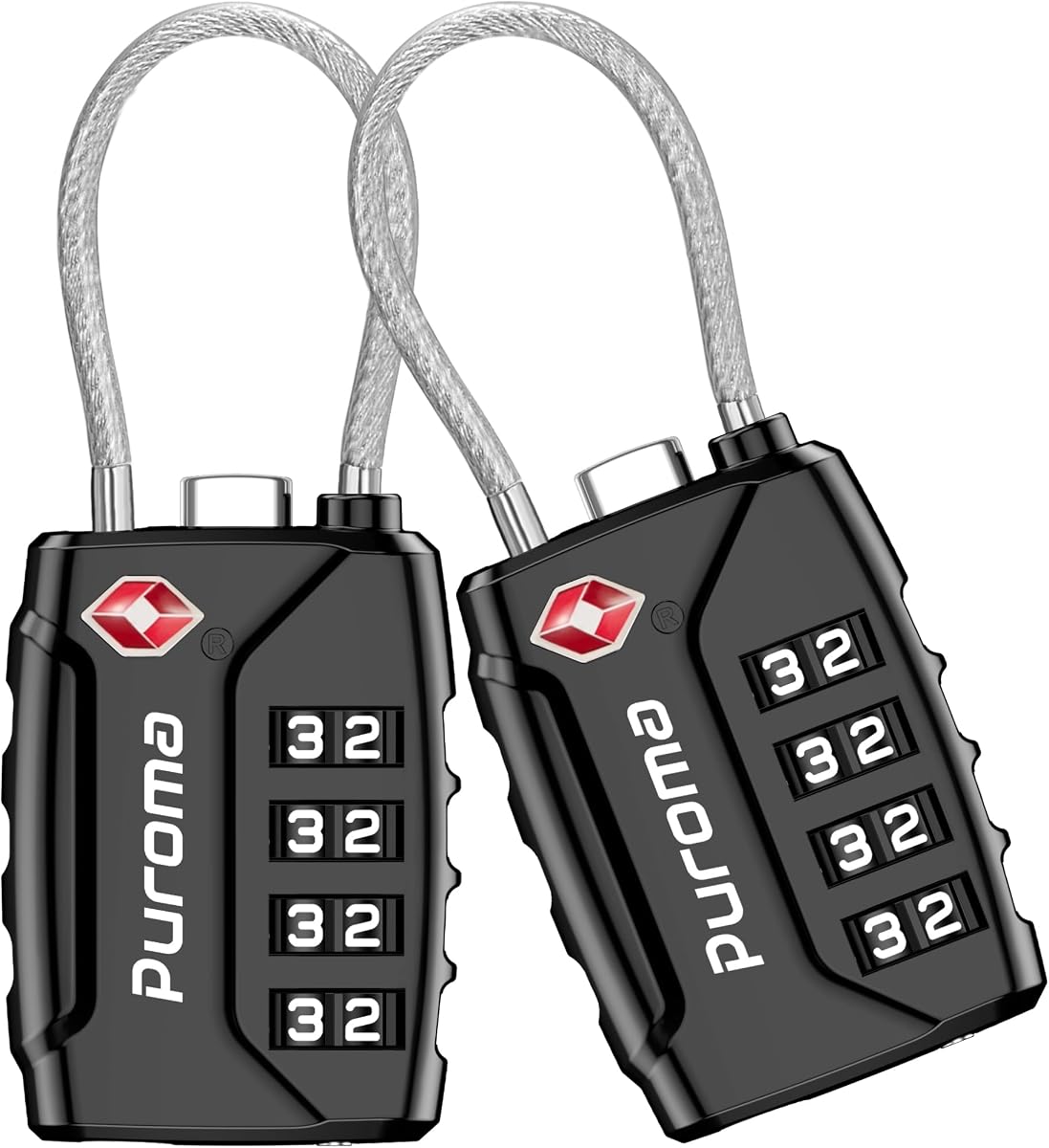 Puroma Paquete de 2 candados para equipaje aprobados por la TSA Candado de cable con código de 4 dígitos negro | Aprobado por la TSA, reiniciable, cable flexible, orificios para cremalleras, aleación de zinc, color brillante, números blancos grandes, para viajes en tren