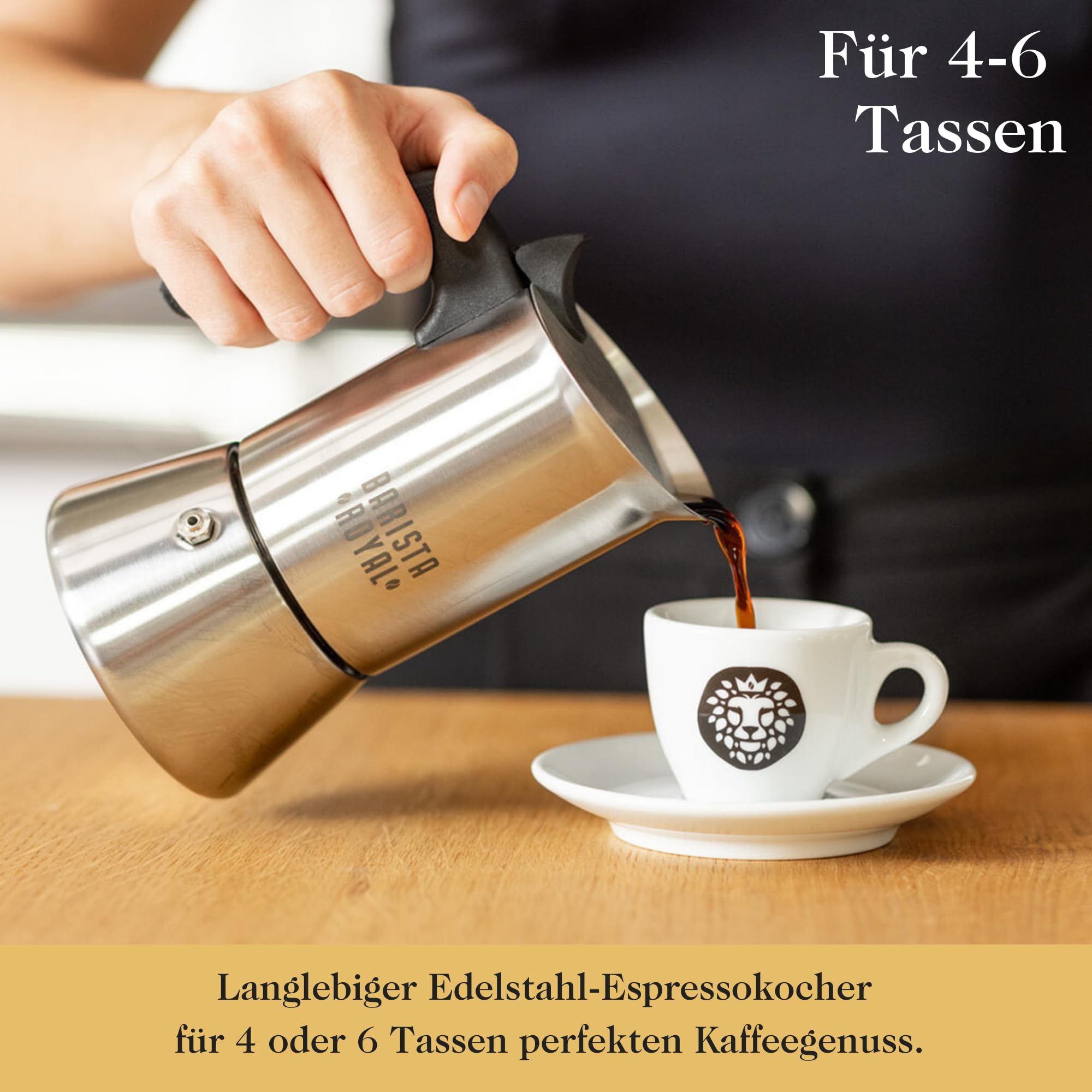 Barista Royal Cafetera expreso para 4 tazas [200 ml] de acero inoxidable – Cafetera moca, apta para todo tipo de fuegos, apta para lavavajillas