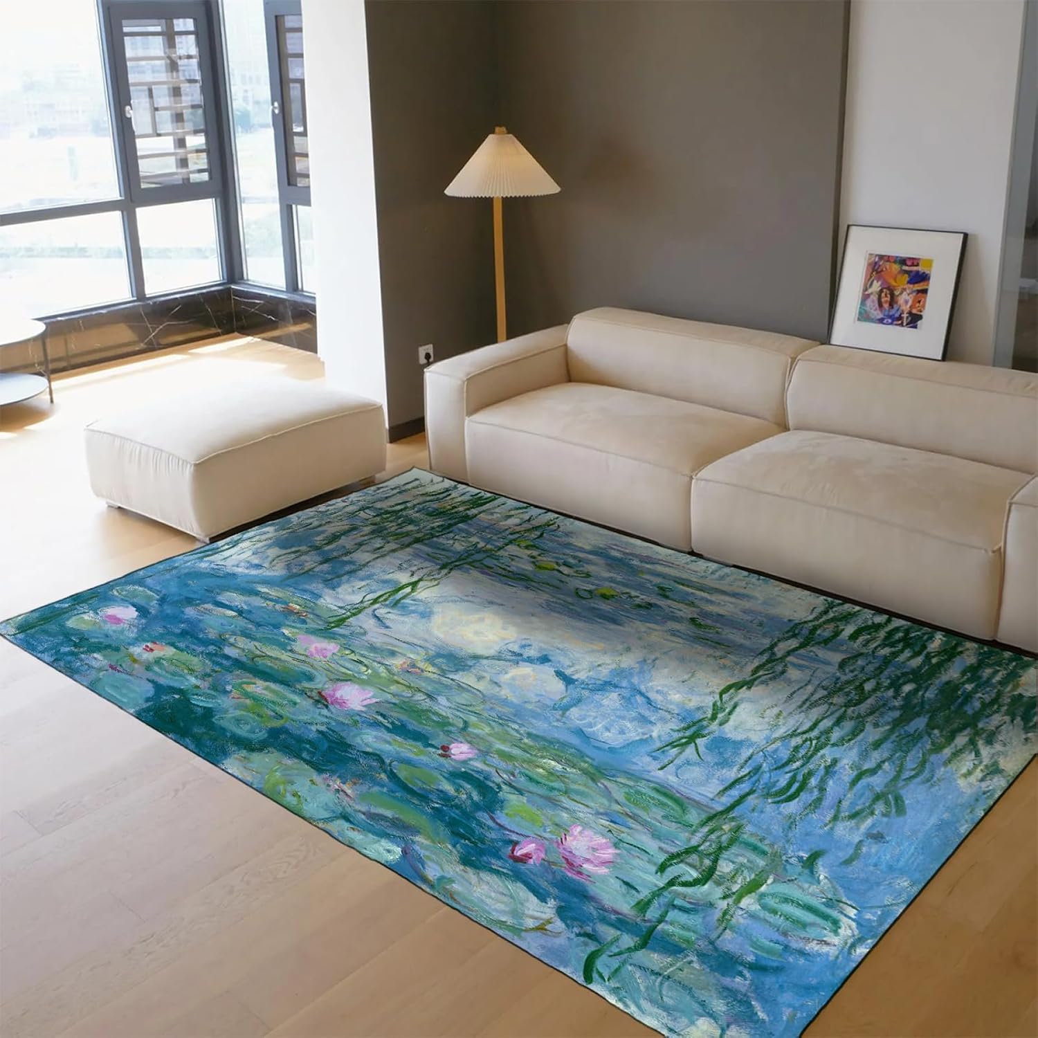 Floral Area Rugs Water Lilies by Claude Monet Rug Famous Paintings Patterned Small Carpet Soft Low Pile Carpets for Bedside Office 5'x8'