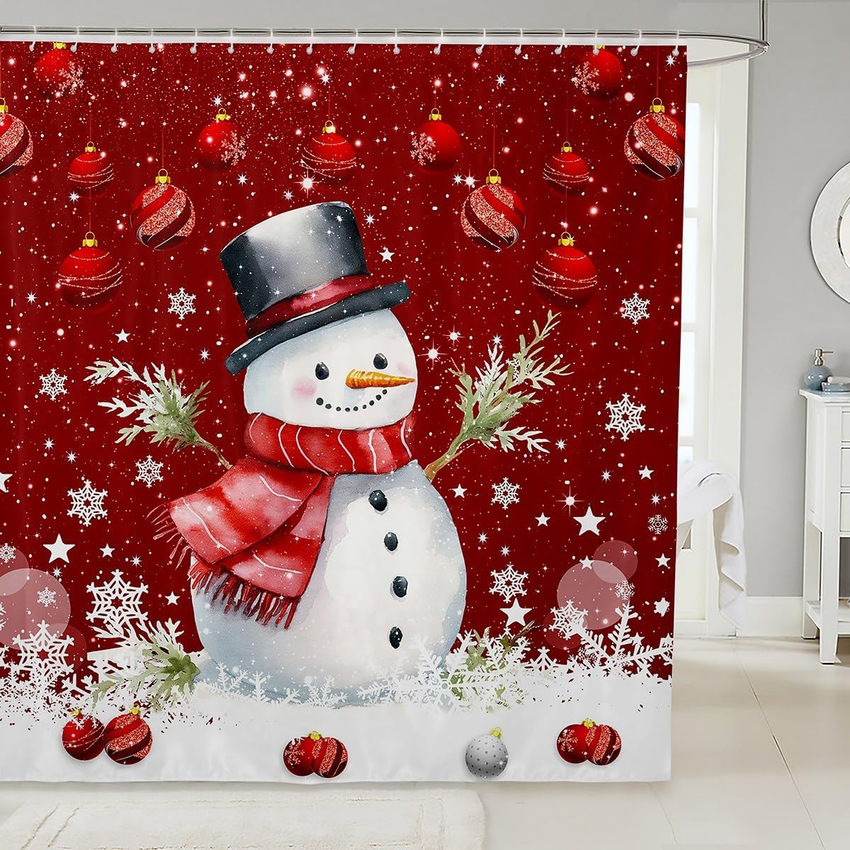 Cute Snowman Shower Curtain,Merry Christmas Bathroom Curtain Xmas Red Bells and Snowflake Waterproof Curtain for Kids Boys Girls Teens Room Decor Watercolor Cartoon Bath Curtain,12 Hooks,72"Wx84"L
