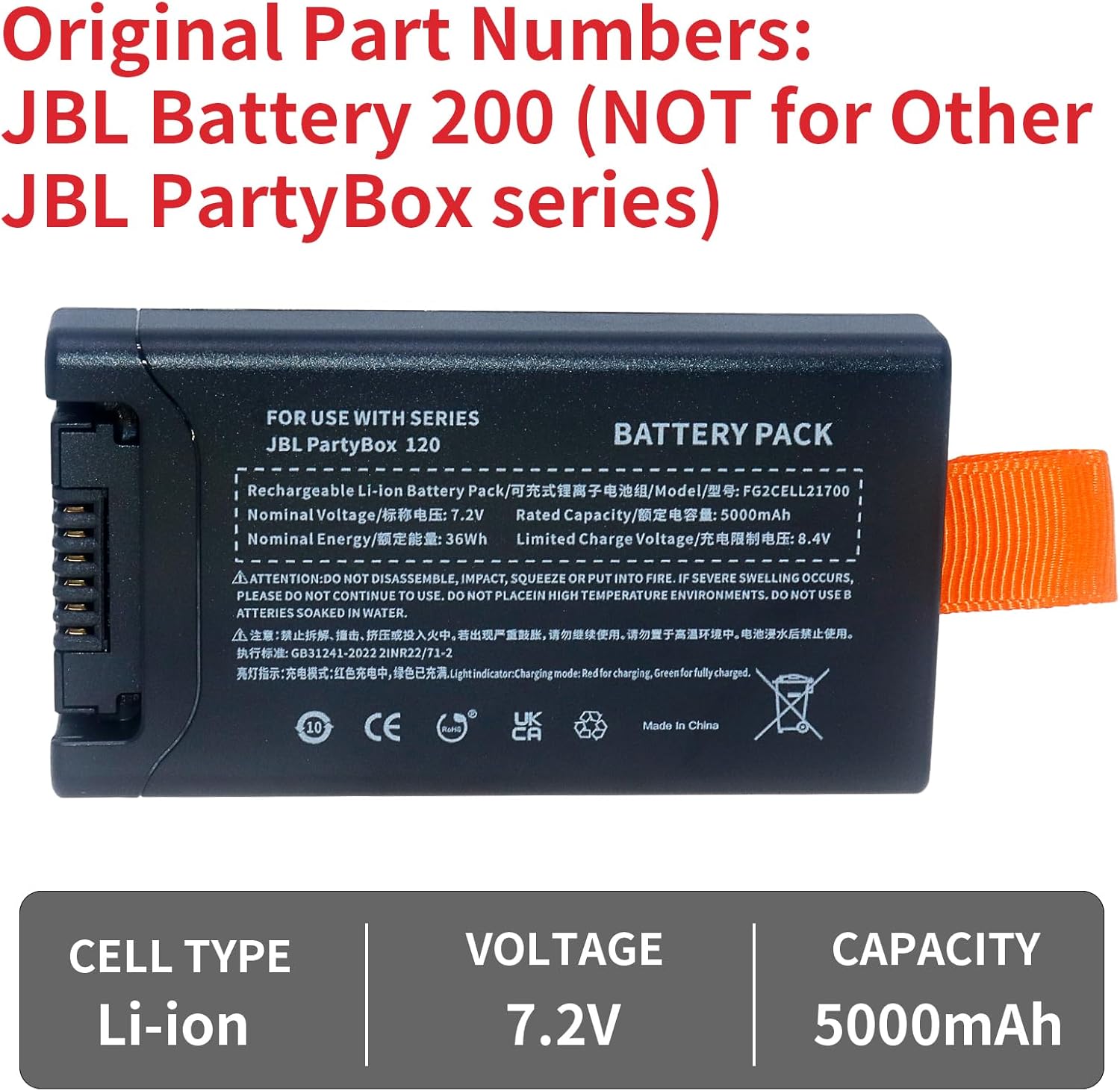 Battery Replacement for JBL Battery 200-Compatible with JBL PartyBox Club 120 Portable Speaker 5000mAh 7.2V(NOT for Other JBL PartyBox Series) - Image 5