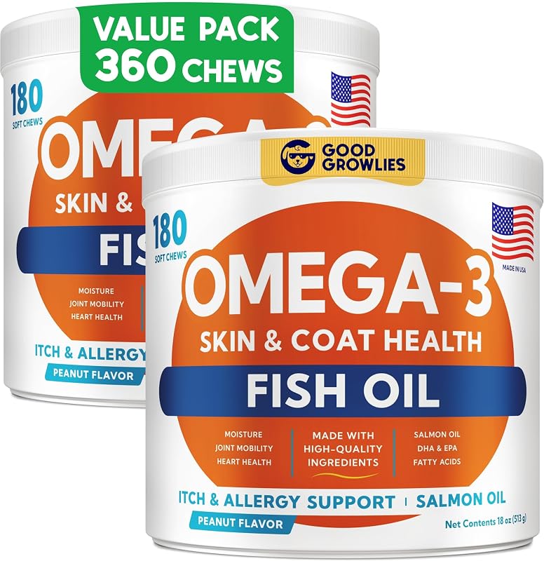 Suplemento de Ômega 3 para Cães com Óleo de Salmão e Sabor de Amendoim GOODGROWLIES – 360 unidades