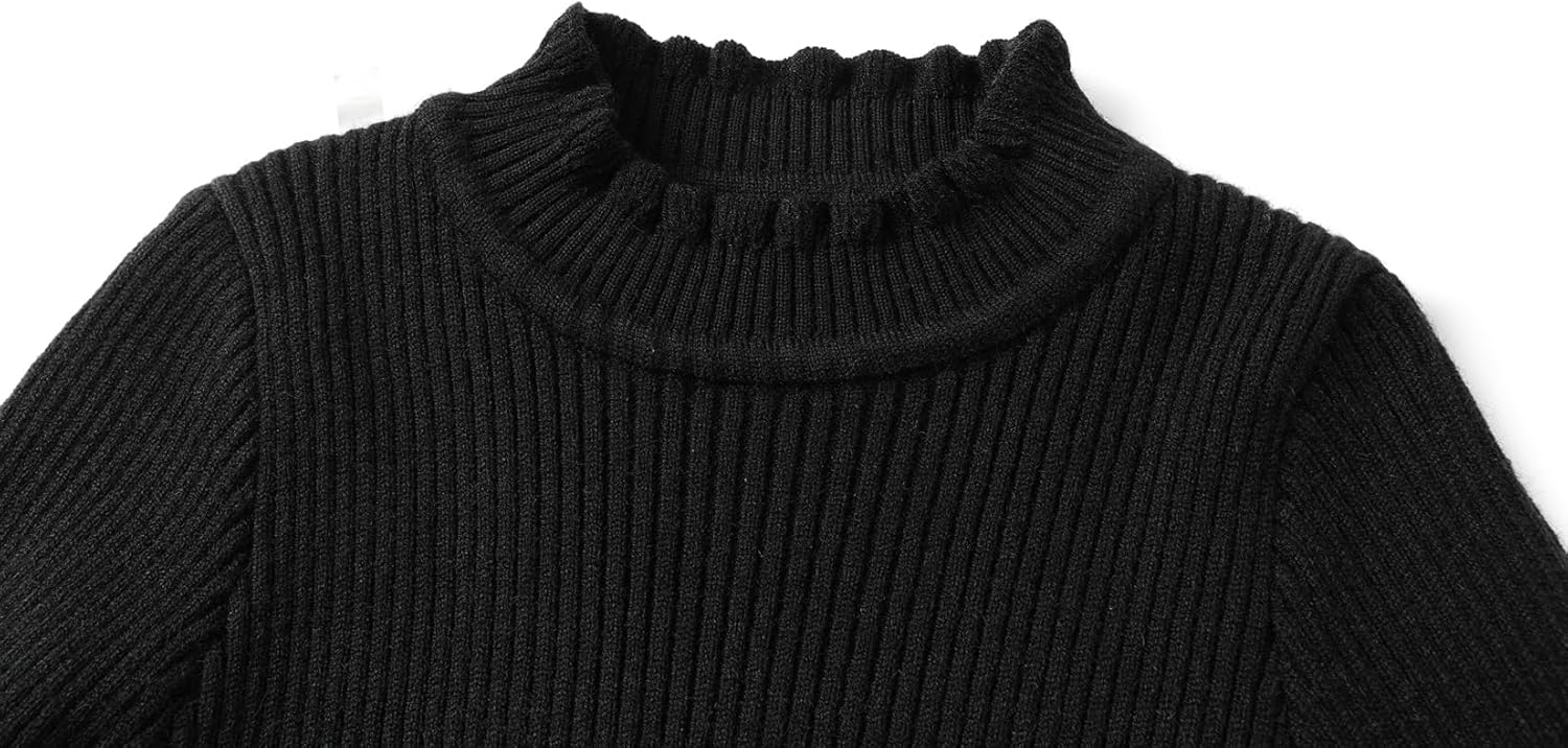 Mud Kingdom Girls Mock Neck Sweater Long Sleeve Knit Top Solid Ruffled Collar Undershirt Slim Fit Lettuce Trim - Image 3