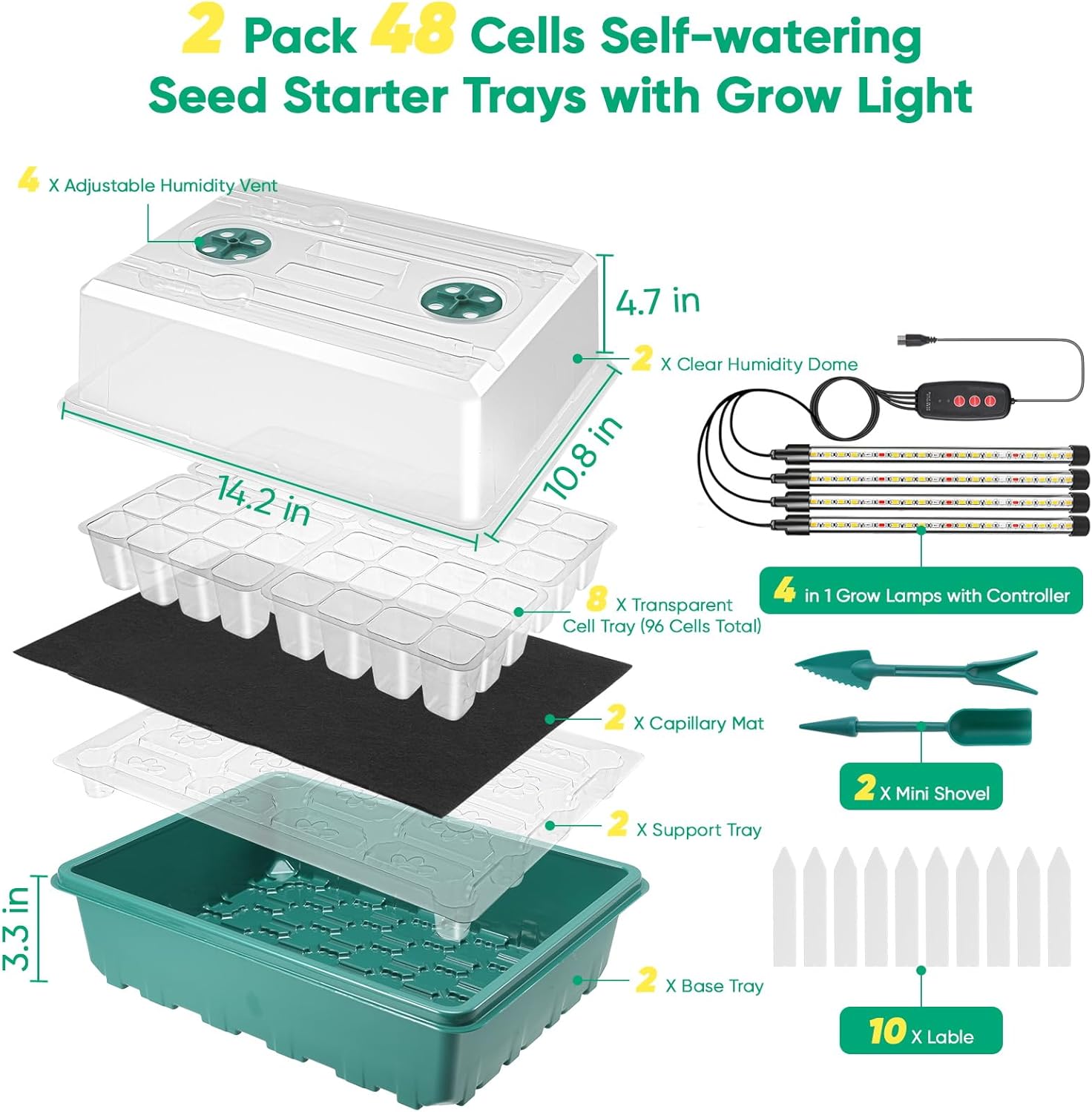 96 Cell Seed Starter Tray with Grow Light, Seed Starting Trays with Adjustable Humidity Dome, Seed Starter Kit Plant Starter Kit for Seeds Growing Starting, Indoor Gardening (Self-Watering)