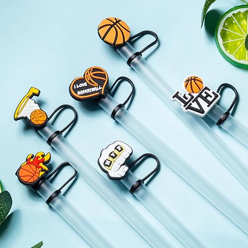 Miniatura 8 de 6 tapas de paja de baloncesto para copa Stanley, 0.394 in, reutilizables, lindos accesorios para popotes para beber, protector portátil, tapones,