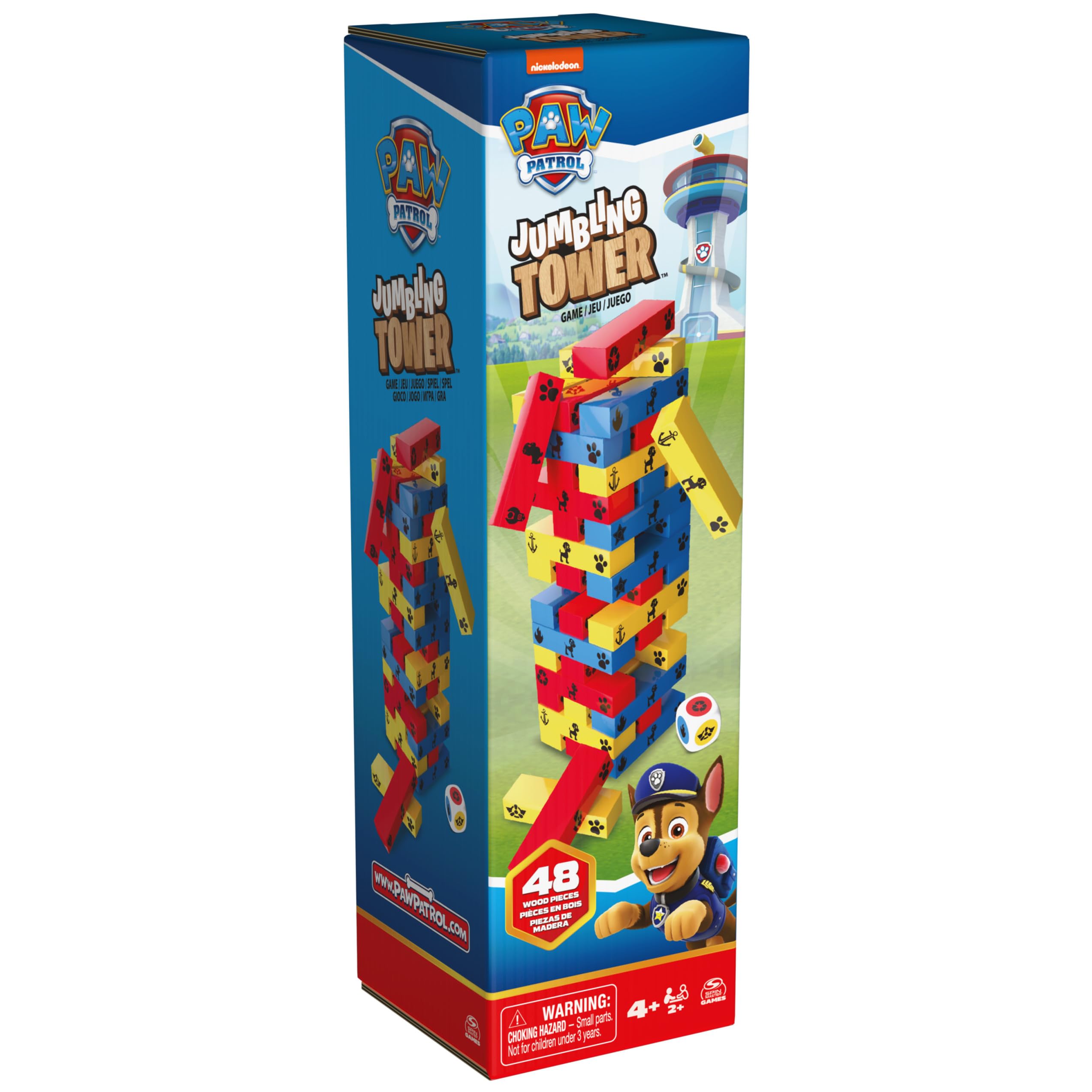 PAW Patrol Jumbling Tower by Spin Master Games, kolorowa gra drewniana Stacking Building Toppling dla dzieci PAW Patrol Toys, dla przedszkolaków w wieku 4 lat i starszych | Wieża budowlana - 48 elementów z drewna i kości - zestaw do budowania - dla 2 grac