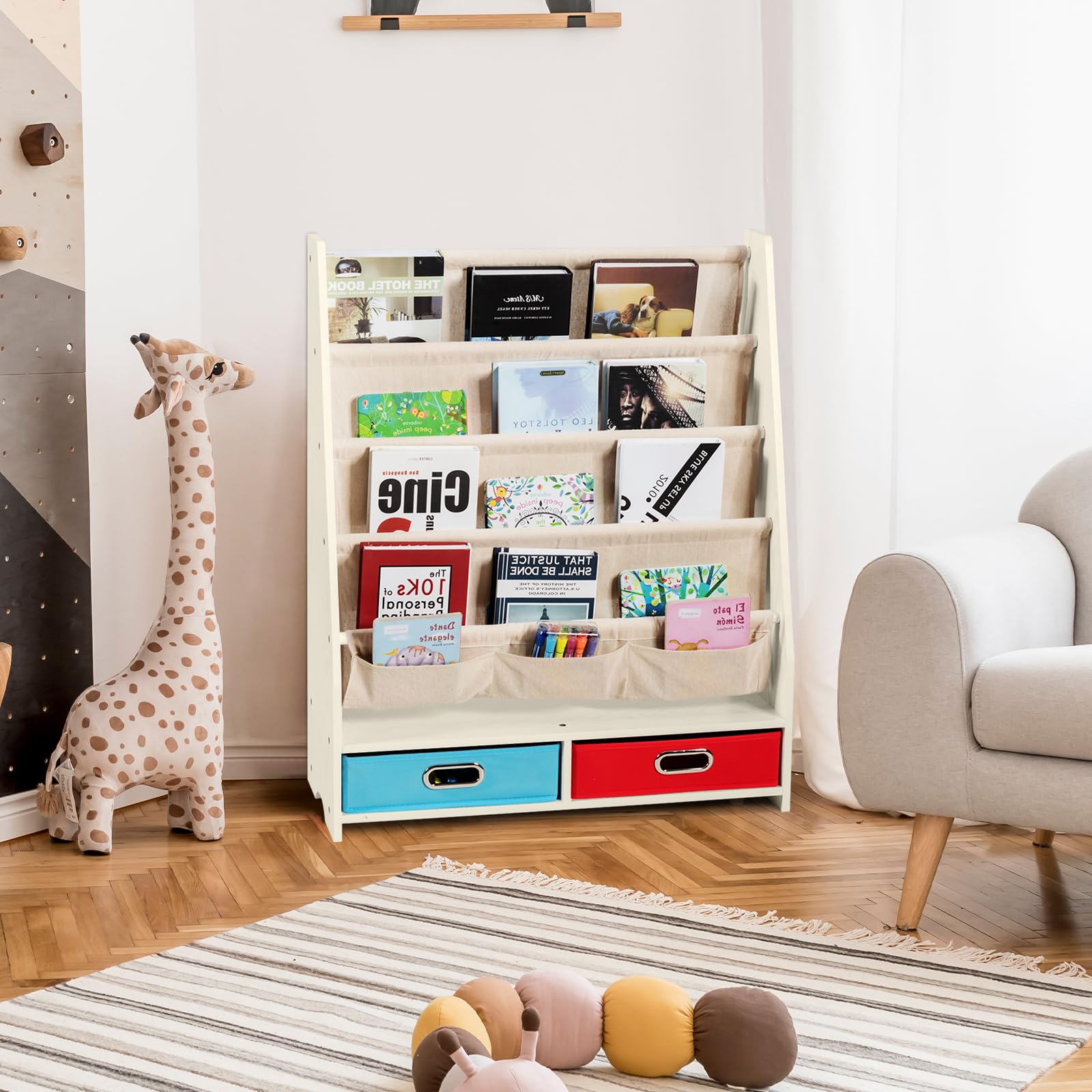 Libreria Bambini Con Ruote HOMASIS - 3 Ripiani, Cassetto, Grigio E Bianco (50x28x70 Cm) - Foto 9