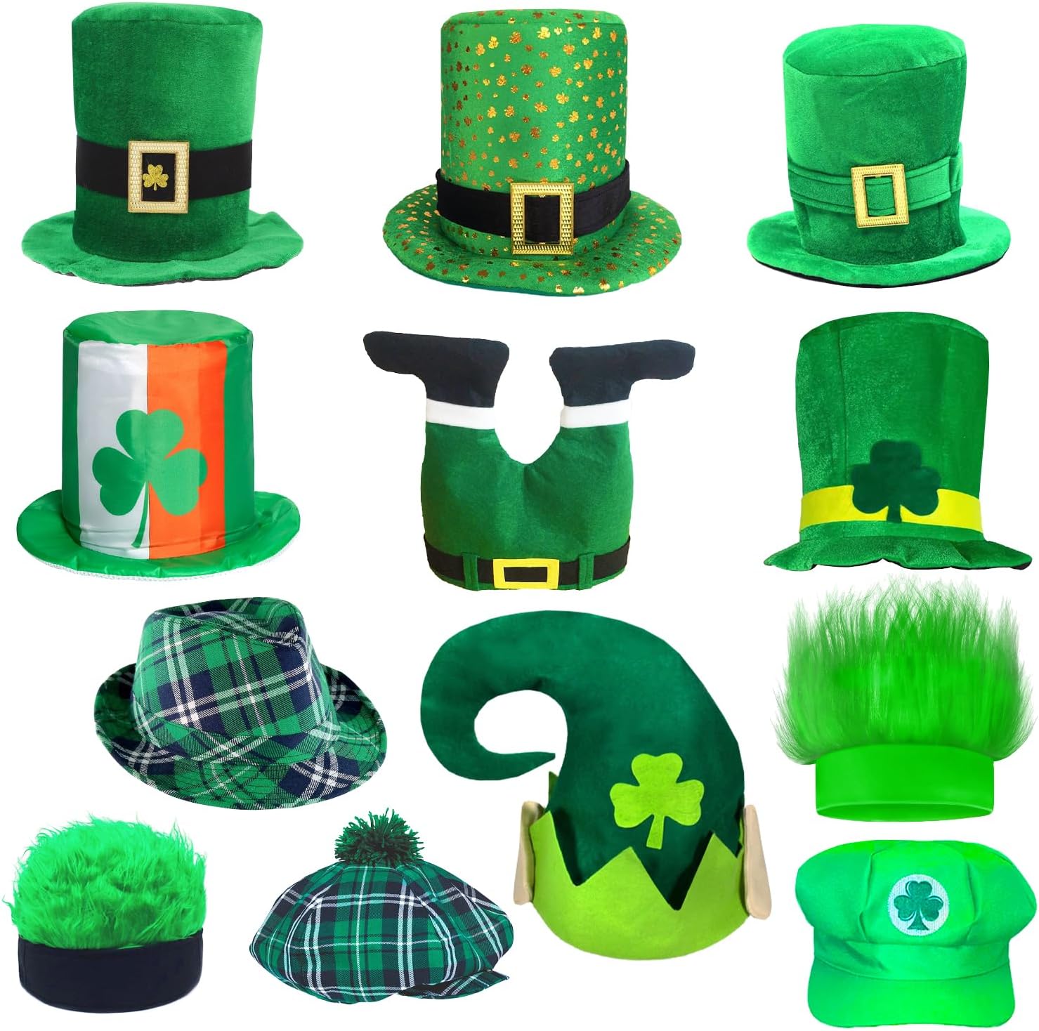 12pcs Bulk St. Patrick's Day Party Hats Funny Shamrock Hat St Patricks Day Accessories Funny Green Lucky Irish Topper Hat with Funny St. Paddy's Day Designs for Adults Teens, Fits Most Head Sizes