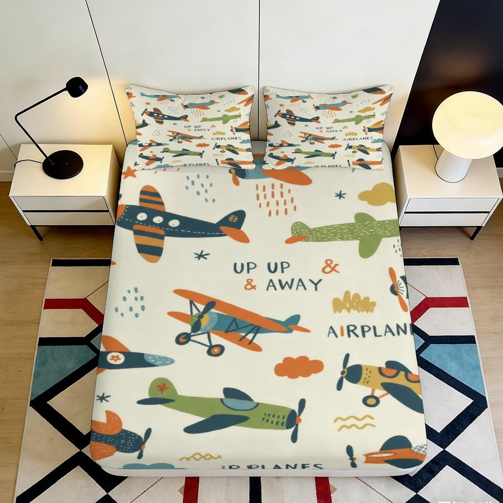 3D Printed Airplane Fitted Sheet Microfiber Soft Breathable Cartoon Planes Bed Cover for Bedroom Dormitory Guest Room Mattress Protection Decor 90x200x25cm