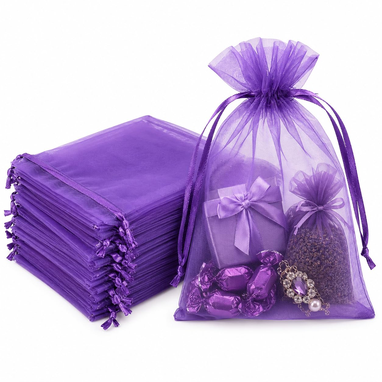 Hopttreely Purple Organza Bags 5x7in, 50PCS Sheer Drawstring Gift Bags, Sheer Mesh Jewelry Pouches, Lavender Wedding Party Festival Gift Bag Candy Pouches for Mother's Day, Holiday Gifts, and Craft Fairs