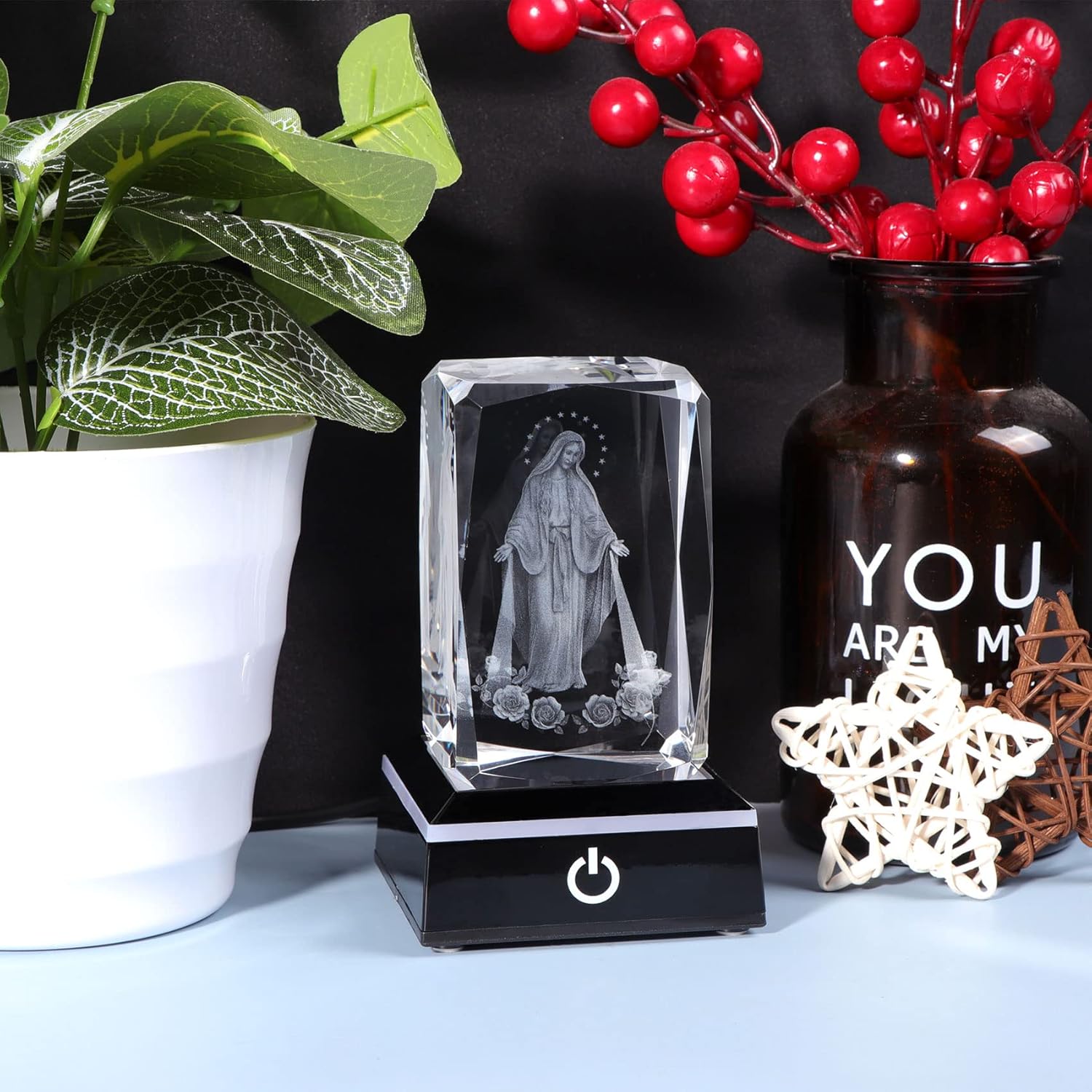 Movdyka 3D Crystal Virgin Mary Statue Religious Gifts for Women Men Christian Laser Engrave Religious Figurine Christmas Ornaments Decor with Colorful LED Base Catholic Gifts Women Friends Faith - Image 6