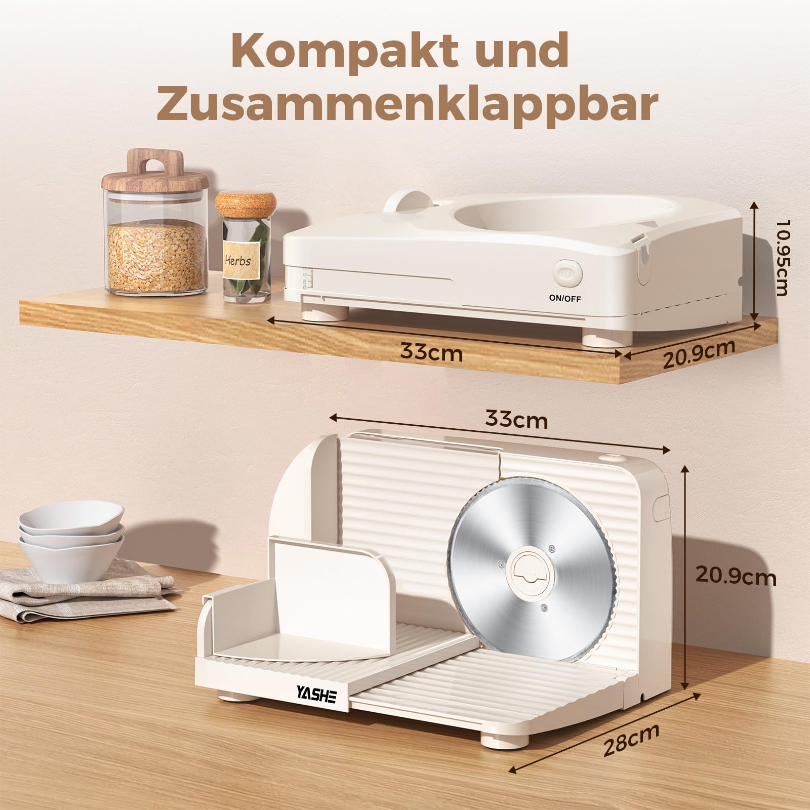 YASHE Elektrischer Faltbarer Allesschneider 180W Brotschneidemaschine 17 cm Wellenschliffklinge Einstellbare Schnittstärke 0–15 mm