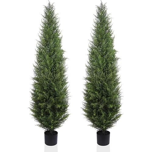 Artificial Cedar Topiary Tree 4.3ft Fake Cypress Trees UV Resistant Potted Plant Faux Topiary Tree for Front Porch Home Office Indoor Outdoor Decoration Set of 2