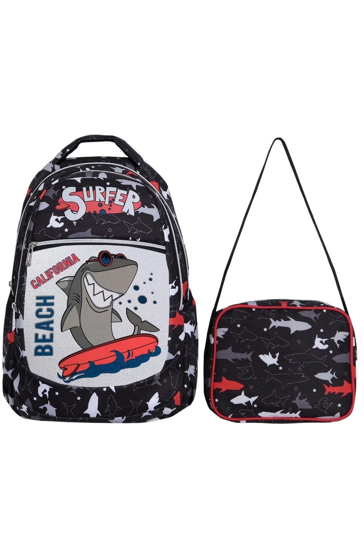 TahTicMer ilkokul Okul Sırt çantası Kız Erkek Unisex Beslenme çantalı Ortopedik 2li Set Köpek Balığı Siyah