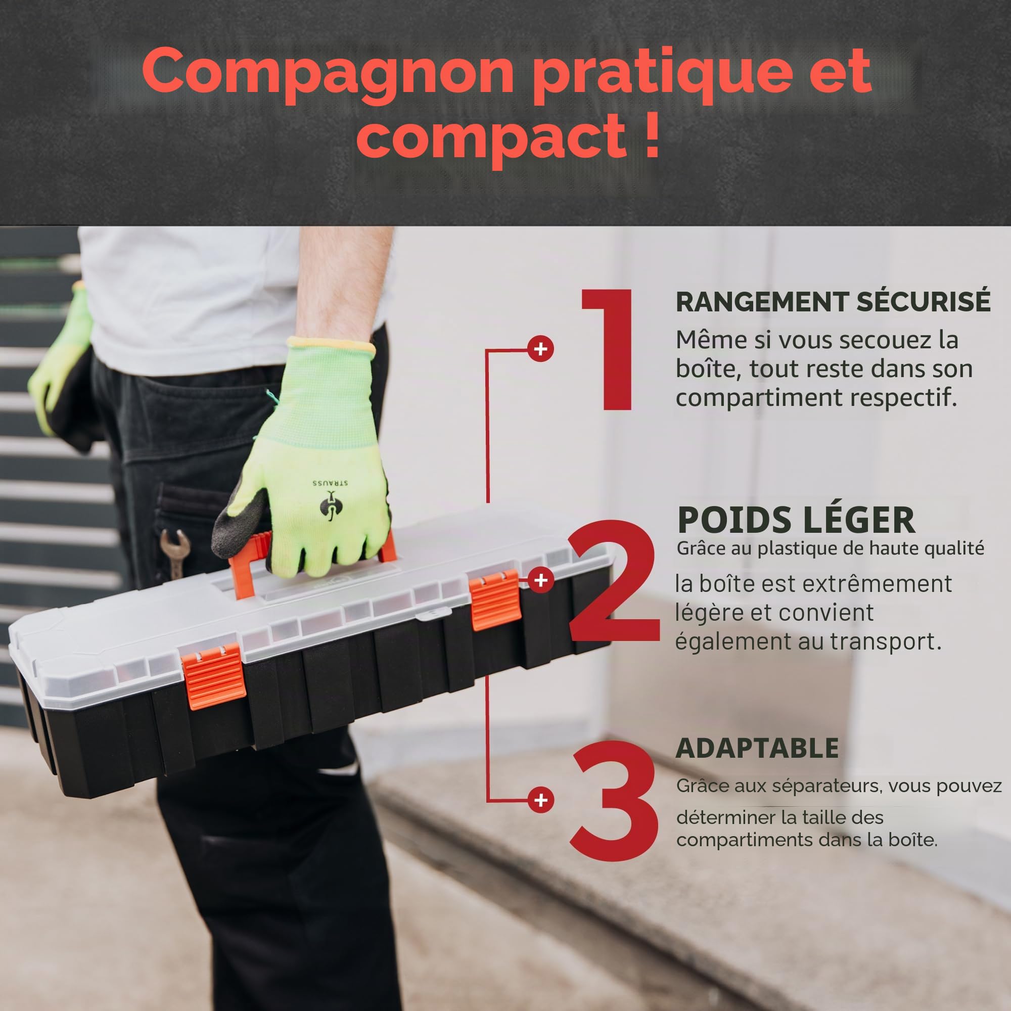 siwitec Lot de 6 boîtes de rangement avec 8 compartiments et 7 séparateurs réglables, boîte de rangement pour petites pièces, boîte de rangement pour petites pièces, en plastique, 450 x 150 x 90 mm
