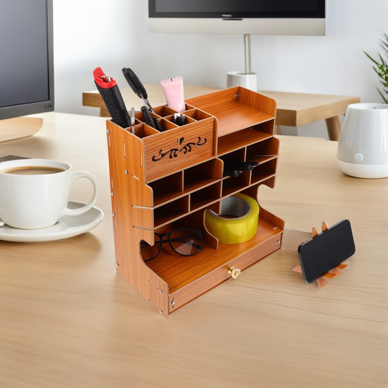 Cabilock Organizer Porta Penne in Legno con Scomparti Multipli Scatola Portaoggetti da Scrivania per Penne Matite e Accessori Grande Capacità per Ufficio e Casa Elegante