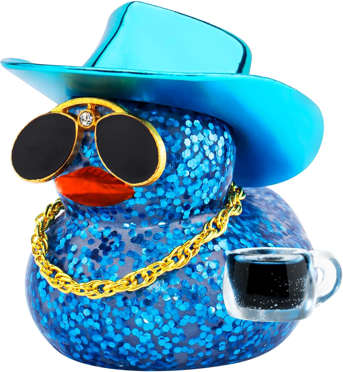 wonuu Coffee Lover Rubber Duck, Cafe Bar Car Dashboard Decoration Iced Americano Ducks Espresso Duckie Mini Sparkly Sequined Ducky, Dark Blue