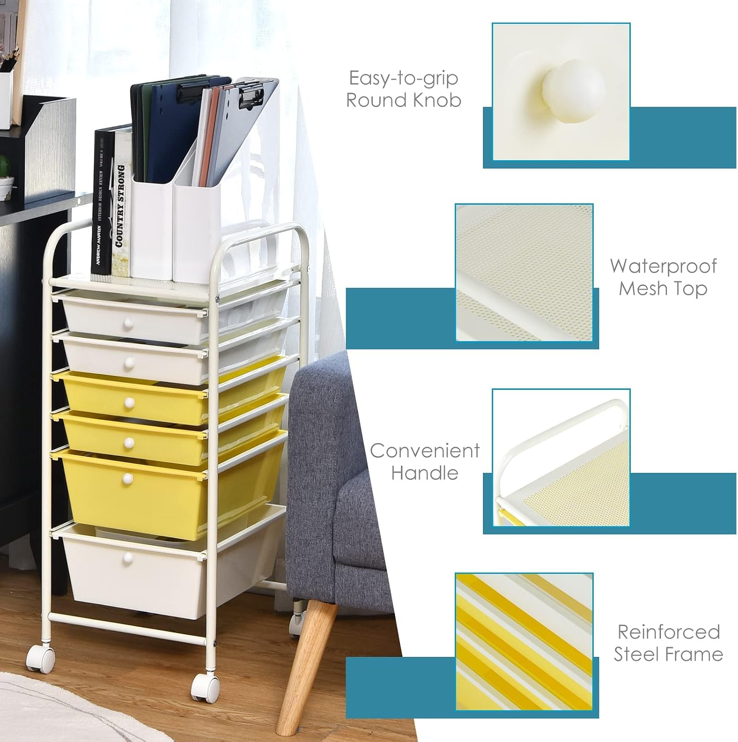 LDAILY 6 Drawers Rolling Storage Cart, Mobile Utility Drawer Cart, Storage Trolley with Lockable Wheels, 6 Tiers Multifunctional Storage Organizer, Ideal for Office, School, Home (Beige&Yellow)