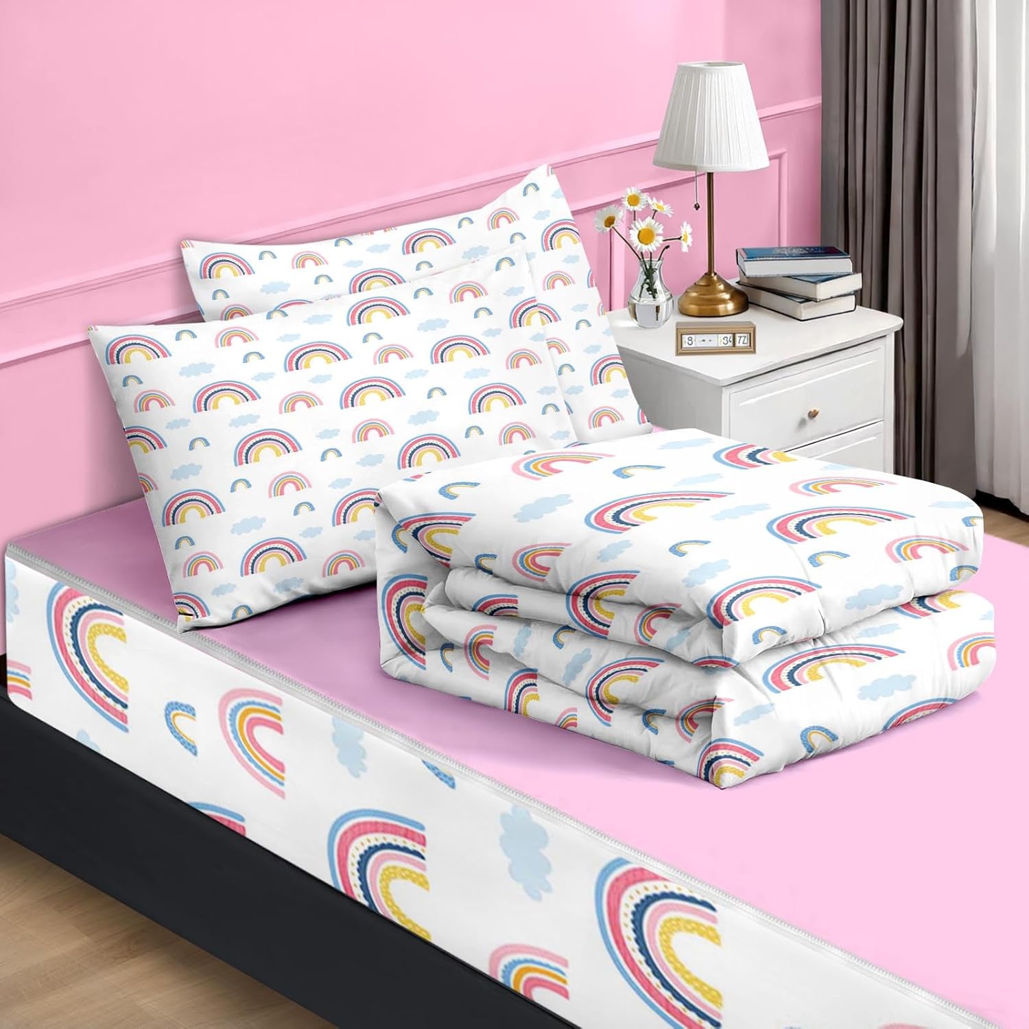 Nesker Full Zipper Bedding, Rainbow Zipper Bedding Sets for Girls, 3pcs All in on one, Pink Kids Comforter Set with Fitted Sheet and 2 Pillowcases - Image 2