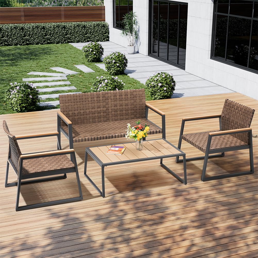 BAKAJI Set Salotto da Giardino in Polyrattan Effetto Simil Pelle con Tavolo, Due Poltrone e Divanetto, Salottino per Esterni, Divano, Sedie e Tavolino Resistente ai Raggi UV Terrazzo (Senza Cuscini)