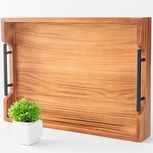 Bandeja de madera para servir con asas, rectangular de 17 x 12 pulgadas, bandejas de madera rústica con soporte extraíble para copas de vino,