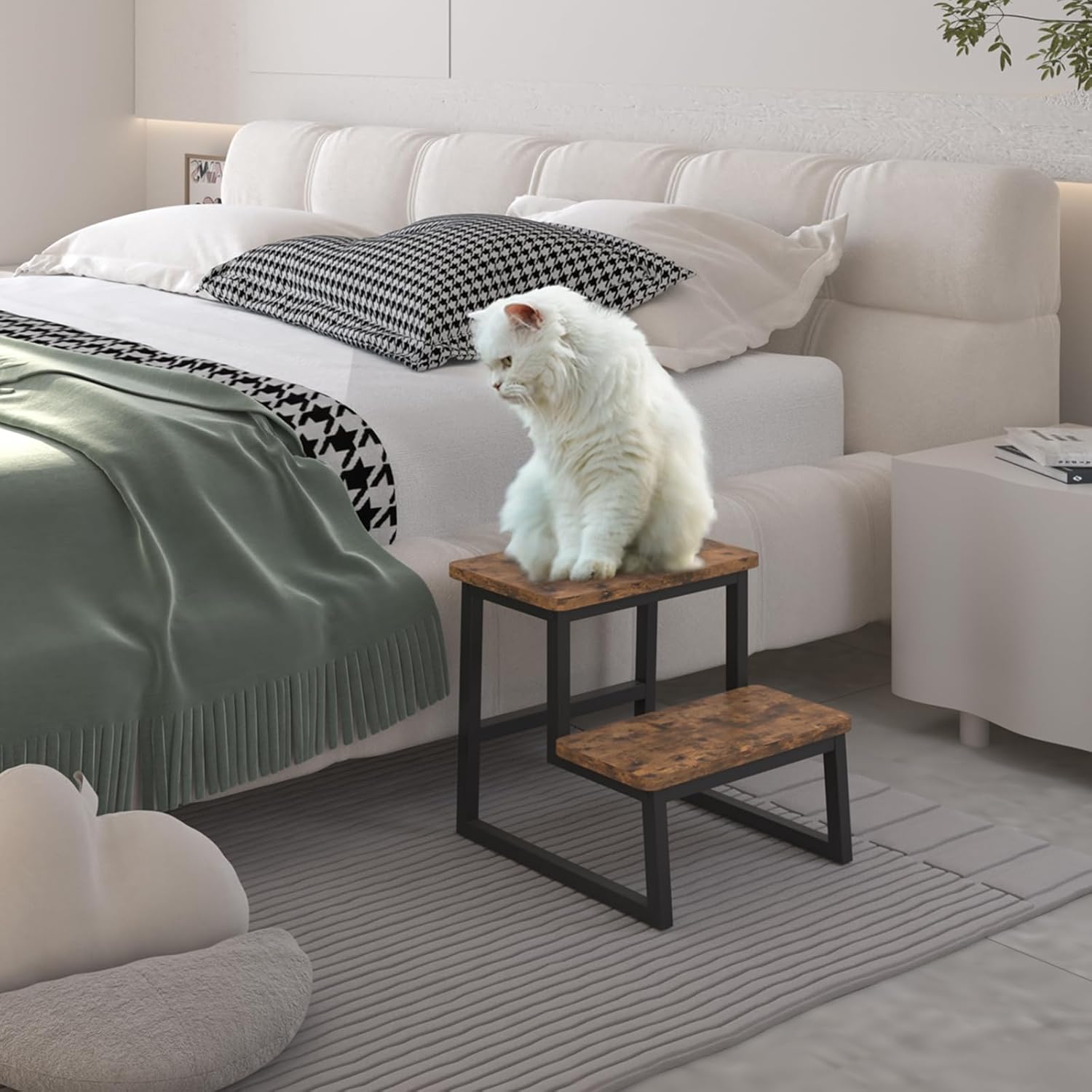 Step Stool for Adults,Holds up to 500Lb,Heavy Duty Sturdy Two Step Stool for Kichen/Bathroom/High beds, Wooden&Metal Frame, Non-Slip Pads