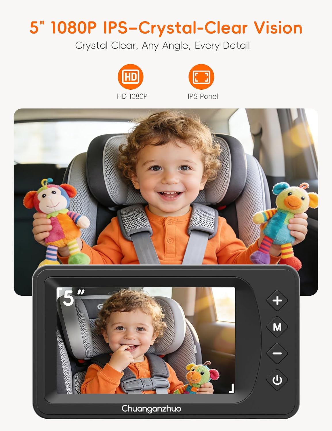 Baby Car Camera USB with No.1 Clarity, 5'' HD 1080P IPS Baby Car Monitor with 3X Zoom, Backseat/Carseat/Rear Seat Camera with Ultra Night Vision, Easy No-Damage Install, S100P(5inch Black)