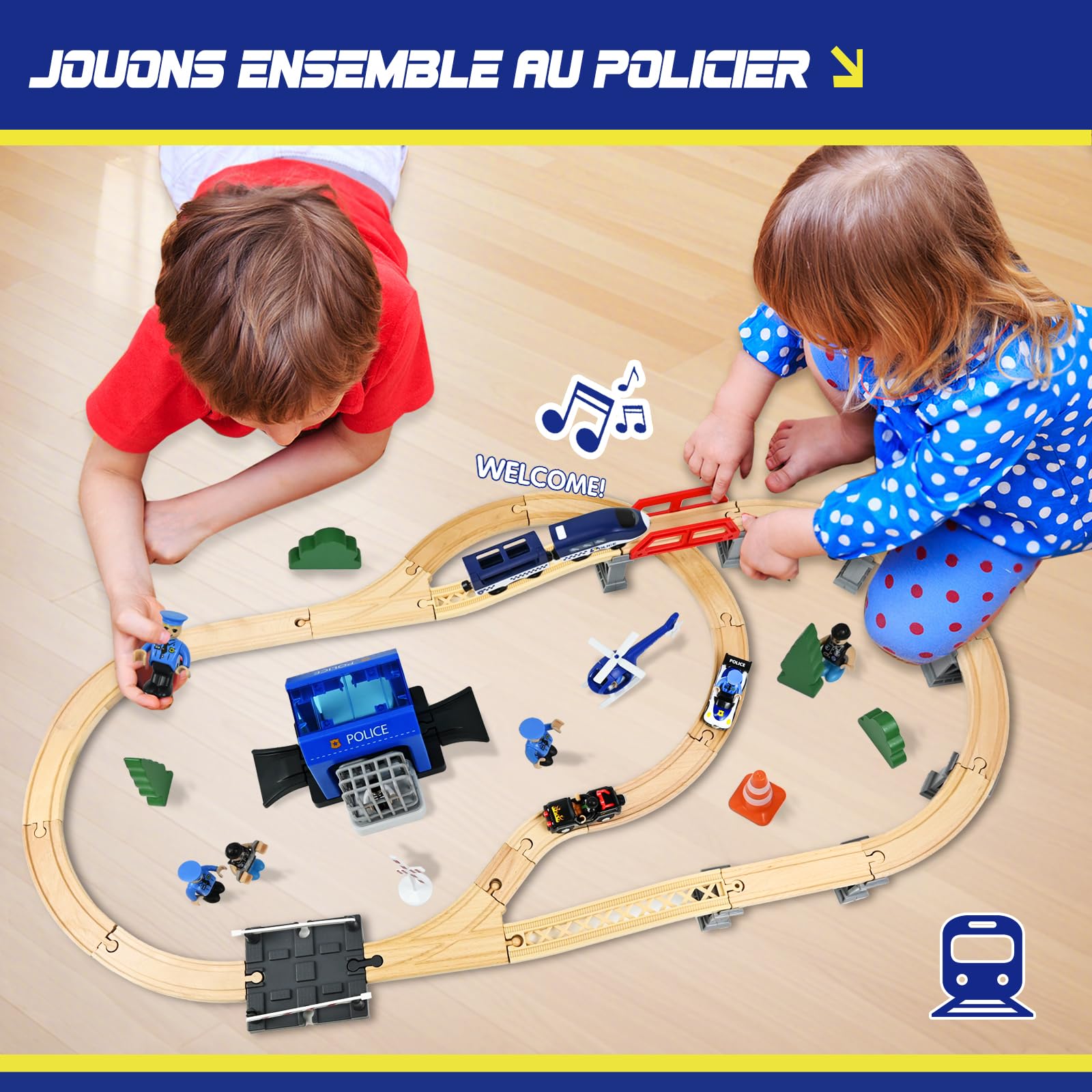 Ulikey Ensemble de chemin de fer en bois pour enfants - 72 pièces - Rails et train - Kit de train miniature avec locomotive électrique, police et voleurs - Cadeau pour garçons et filles
