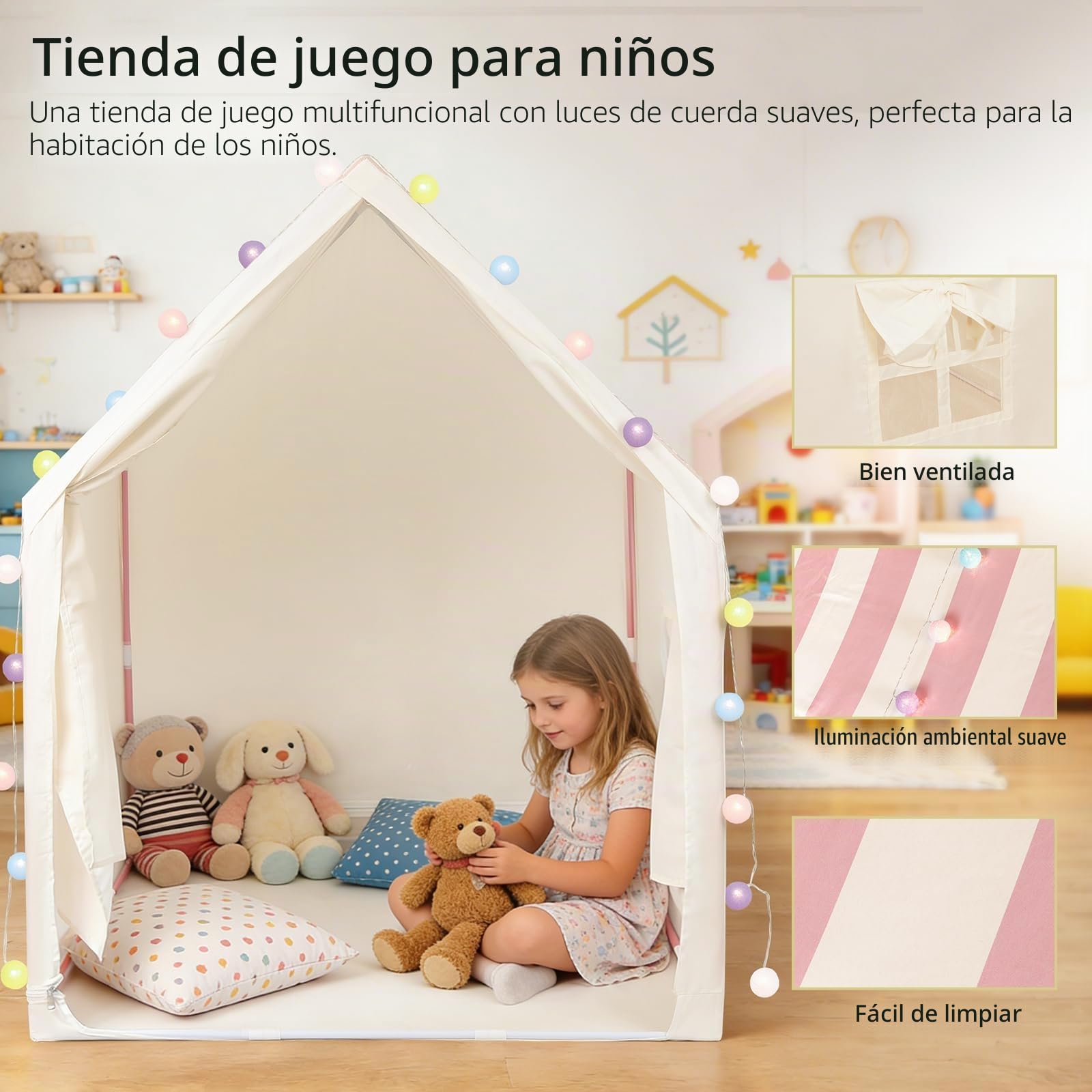 Anbte Tienda de Campaña Infantil,Rayas Rosas,para Niños a Partir de 3 años | Espaciosa y Portátil, Casita de Juegos para Niñas y Niños, con Luces, Varillas Metálicas y Bolsa de Transporte