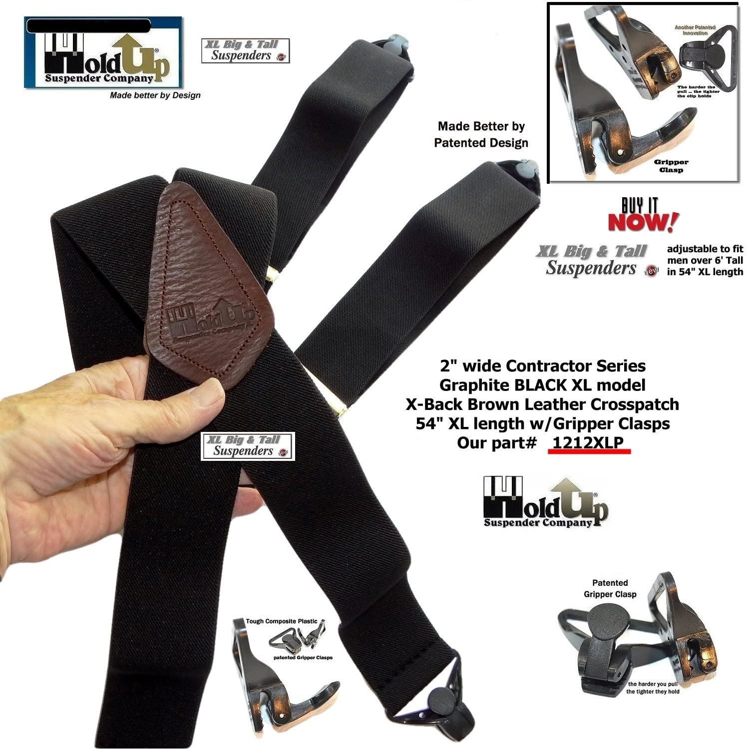 Hold-Up - Tirantes de contratista de 2 pulgadas para hombre con clips de