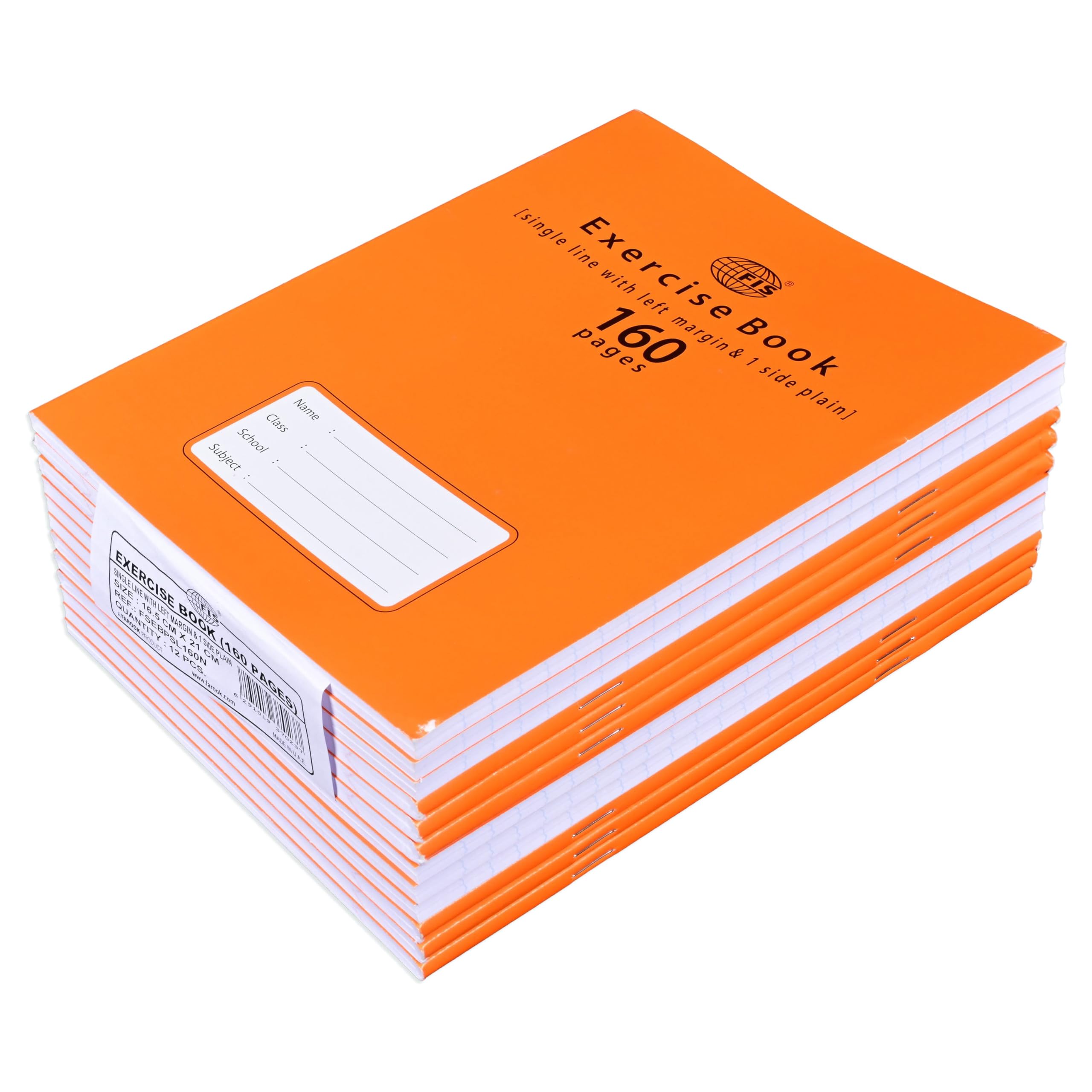 FIS® Exercise Book, Size 165x210mm, 80 Sheets, 160 Pages, Single Line with Left Margin & 1 Side Plain, Packet of 12 Pieces, Neon Orange Cover with Mathematical Info-FSEBPSL160N