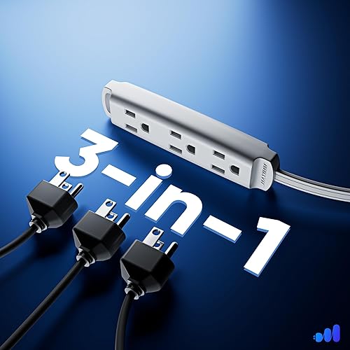 Miniatura 3 de Maximm Cable de extensión plano giratorio de 360 grados, cable de alimentación de 3 salidas múltiples de 1 pie con bucle, conexión a tierra 16 AWG