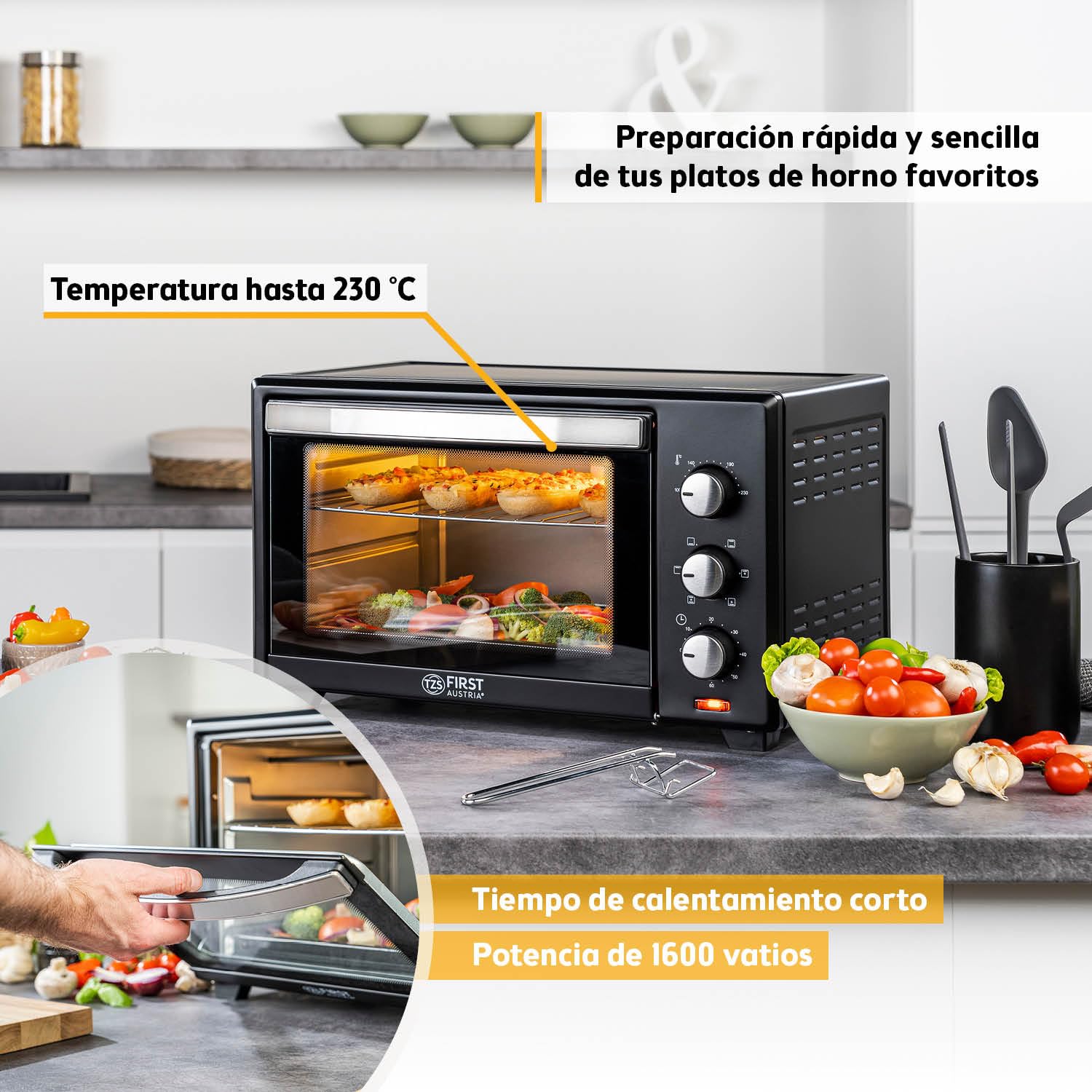 First Austria Mini Horno 30L 1600W Horno Eléctrico con Termostato 230°C Temporizador 60min 3 Alturas Bandeja Parrilla