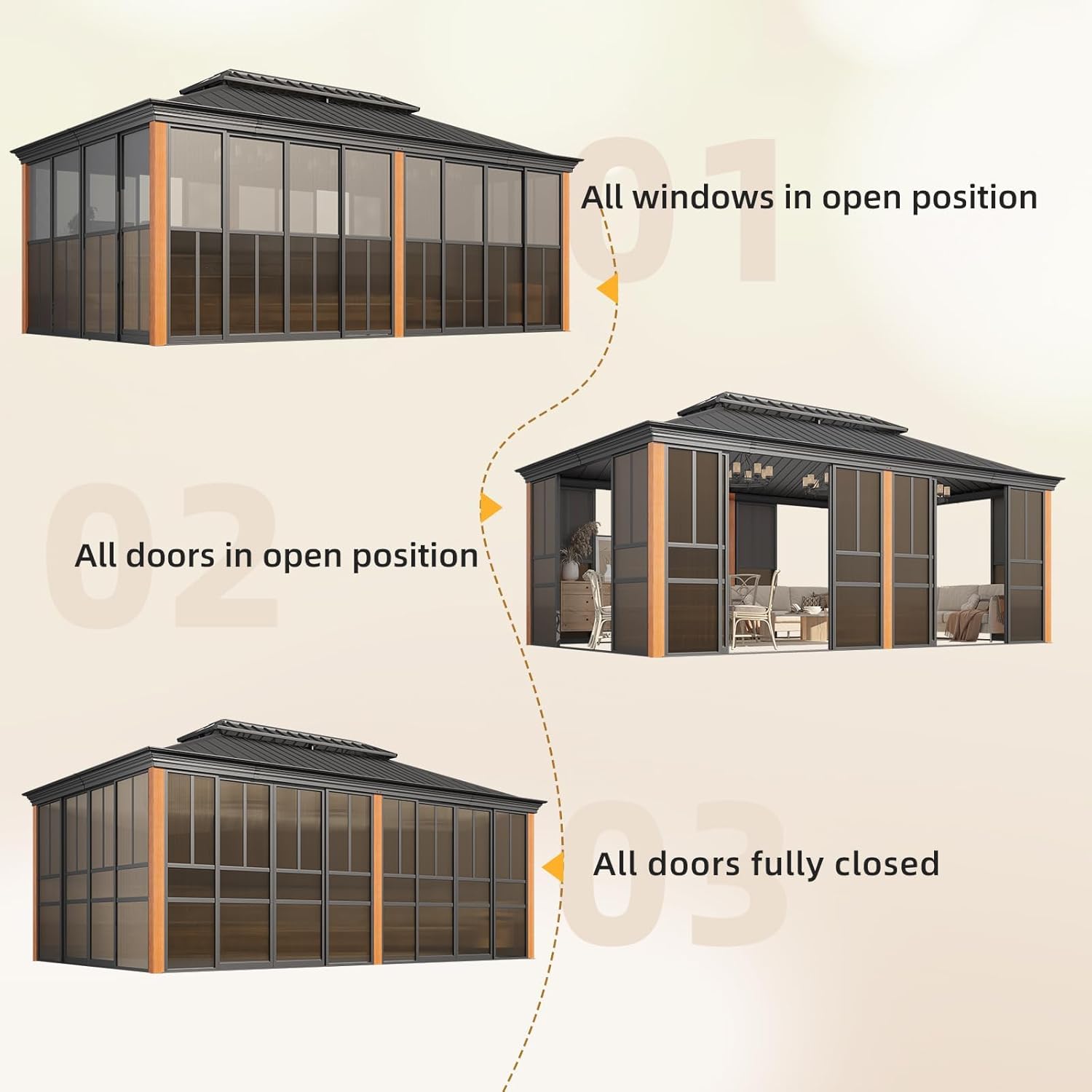 EROMMY sunroom gazebo with doors and windows in various open and closed positions